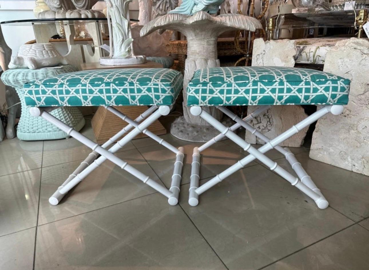Hollywood Regency Vintage Pair X Benches Faux Bamboo Metal Patio Newly Upholstered & Powder-coated For Sale