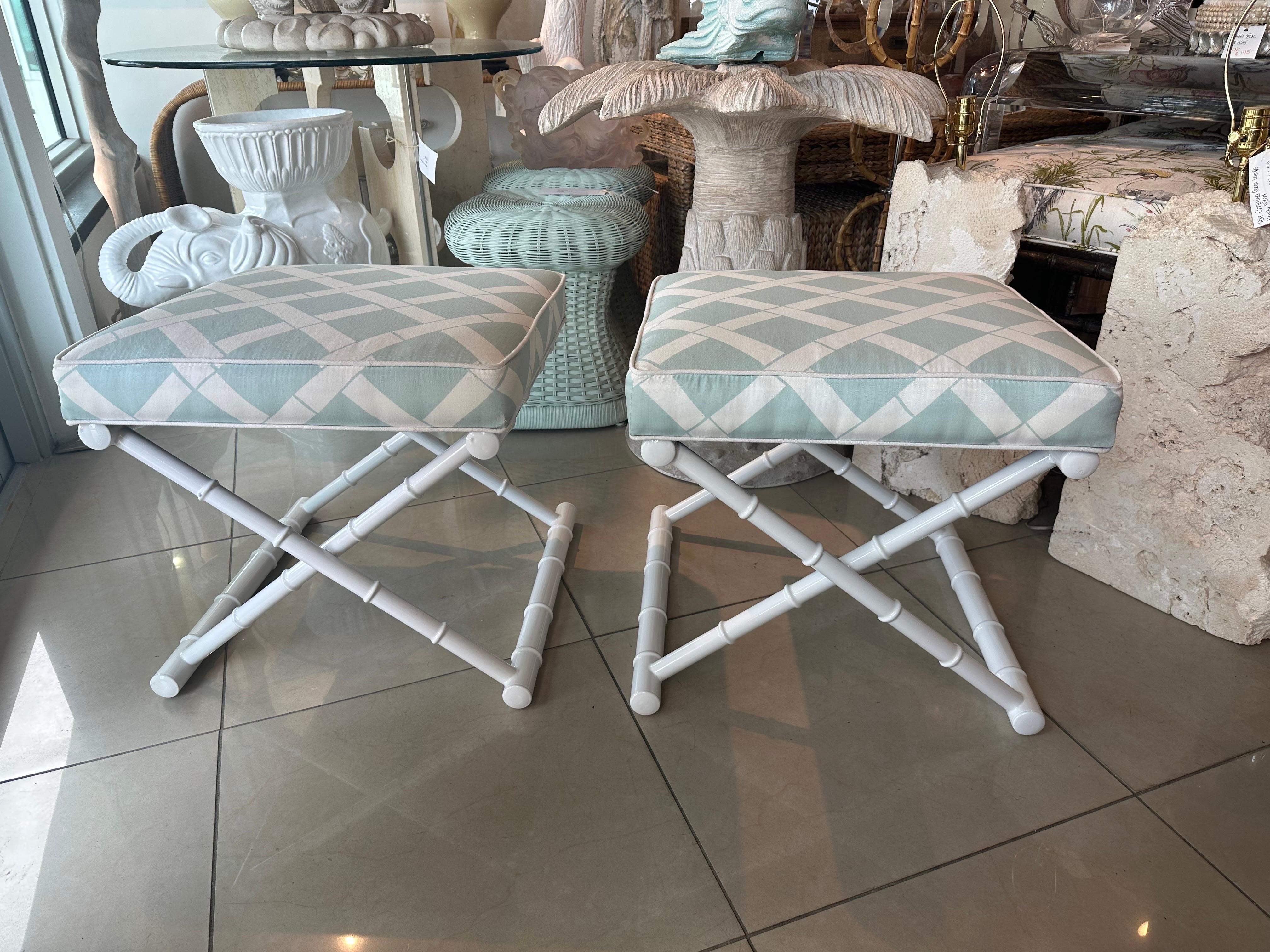 American Vintage Pair X Benches Faux Bamboo Metal Patio Newly Upholstered & Powder-coated