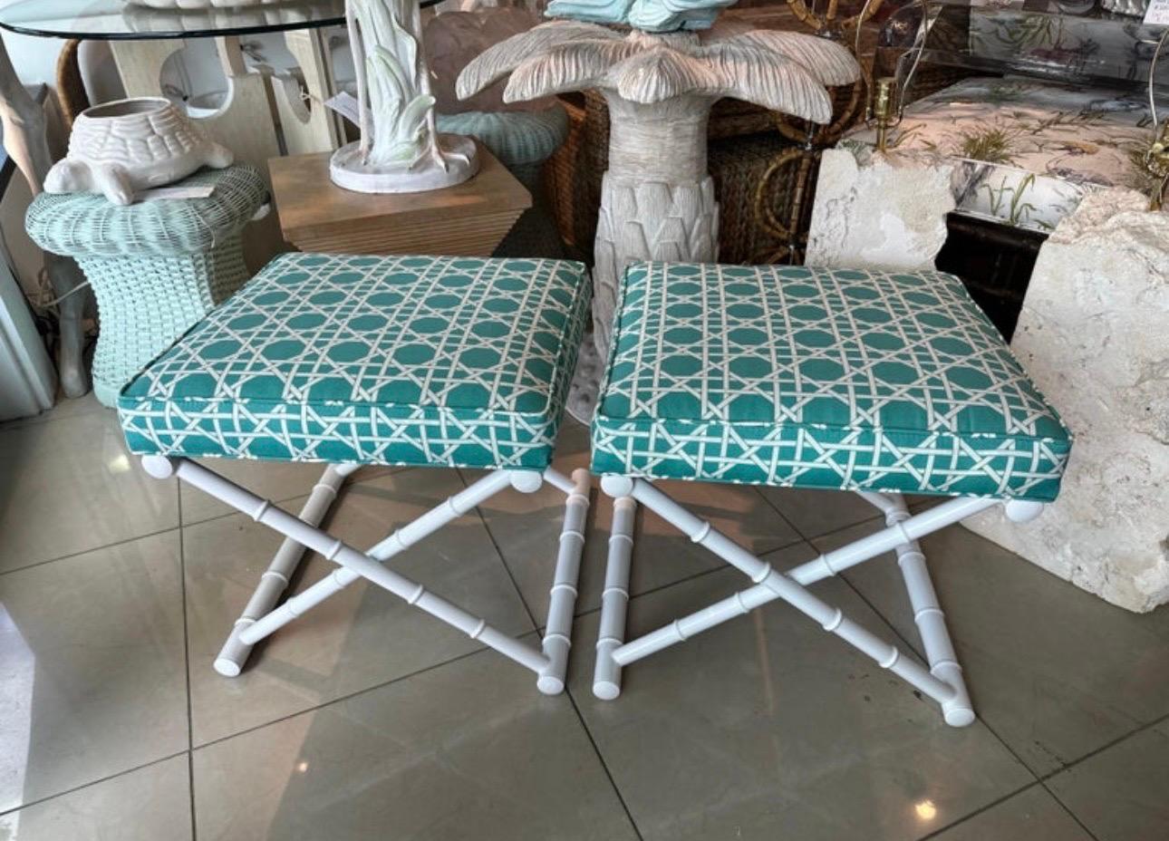 American Vintage Pair X Benches Faux Bamboo Metal Patio Newly Upholstered & Powder-coated For Sale