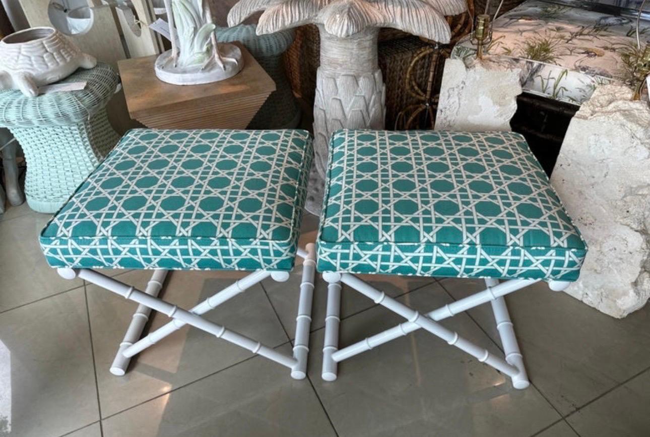 Powder-Coated Vintage Pair X Benches Faux Bamboo Metal Patio Newly Upholstered & Powder-coated For Sale