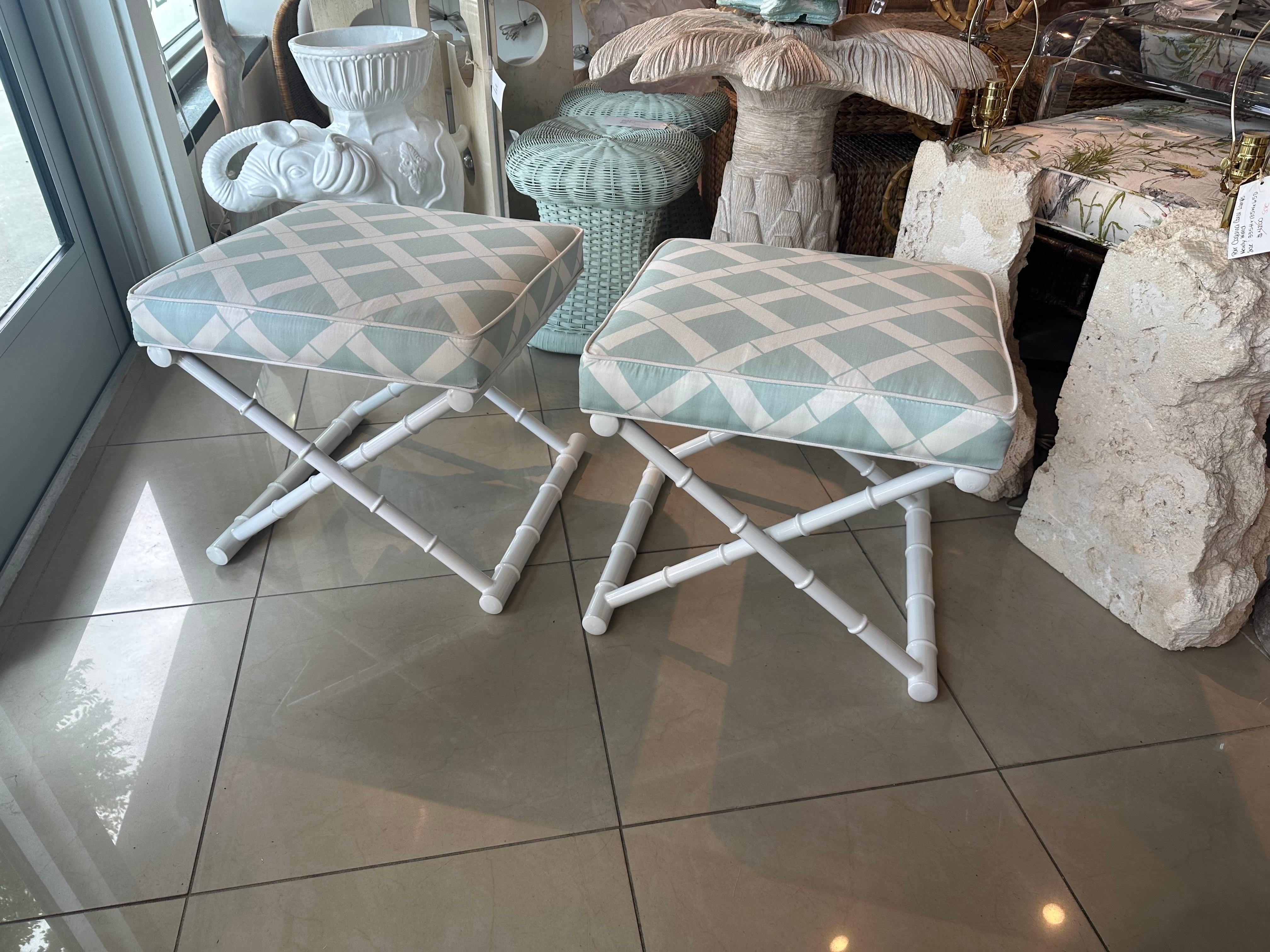 Vintage Pair X Benches Faux Bamboo Metal Patio Newly Upholstered & Powder-coated In Good Condition In West Palm Beach, FL