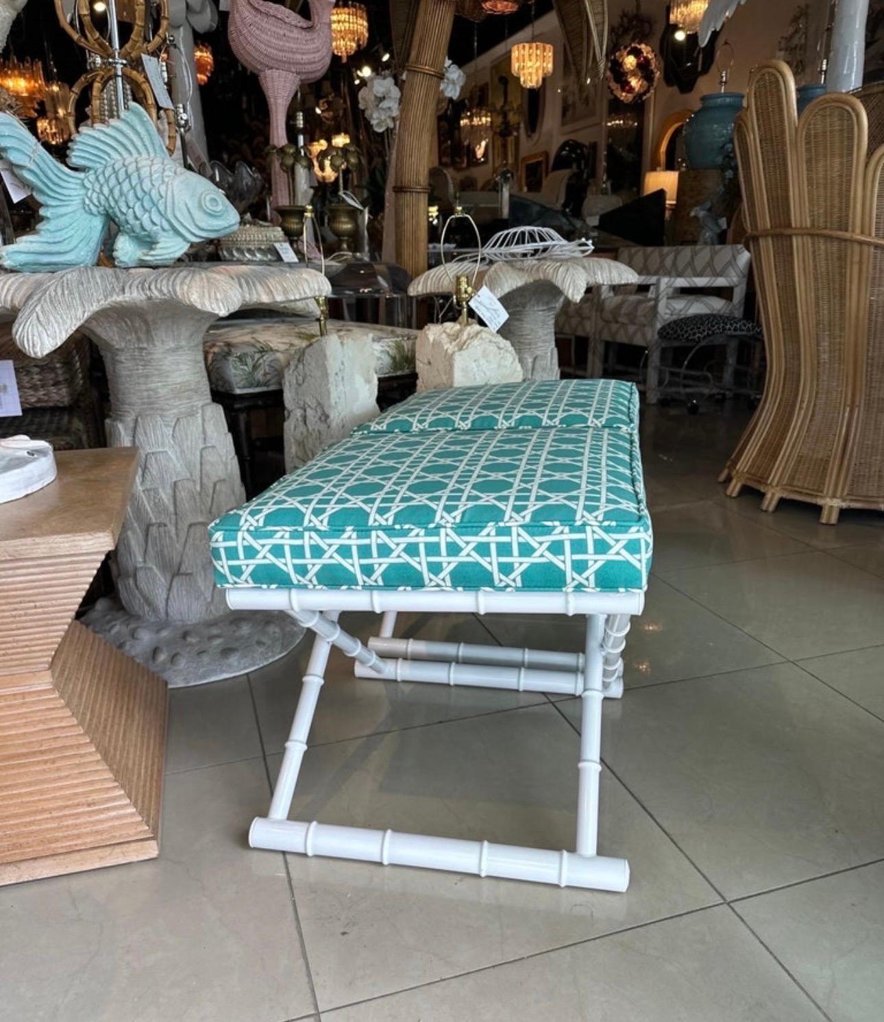 Vintage Pair X Benches Faux Bamboo Metal Patio Newly Upholstered & Powder-coated In Good Condition For Sale In West Palm Beach, FL