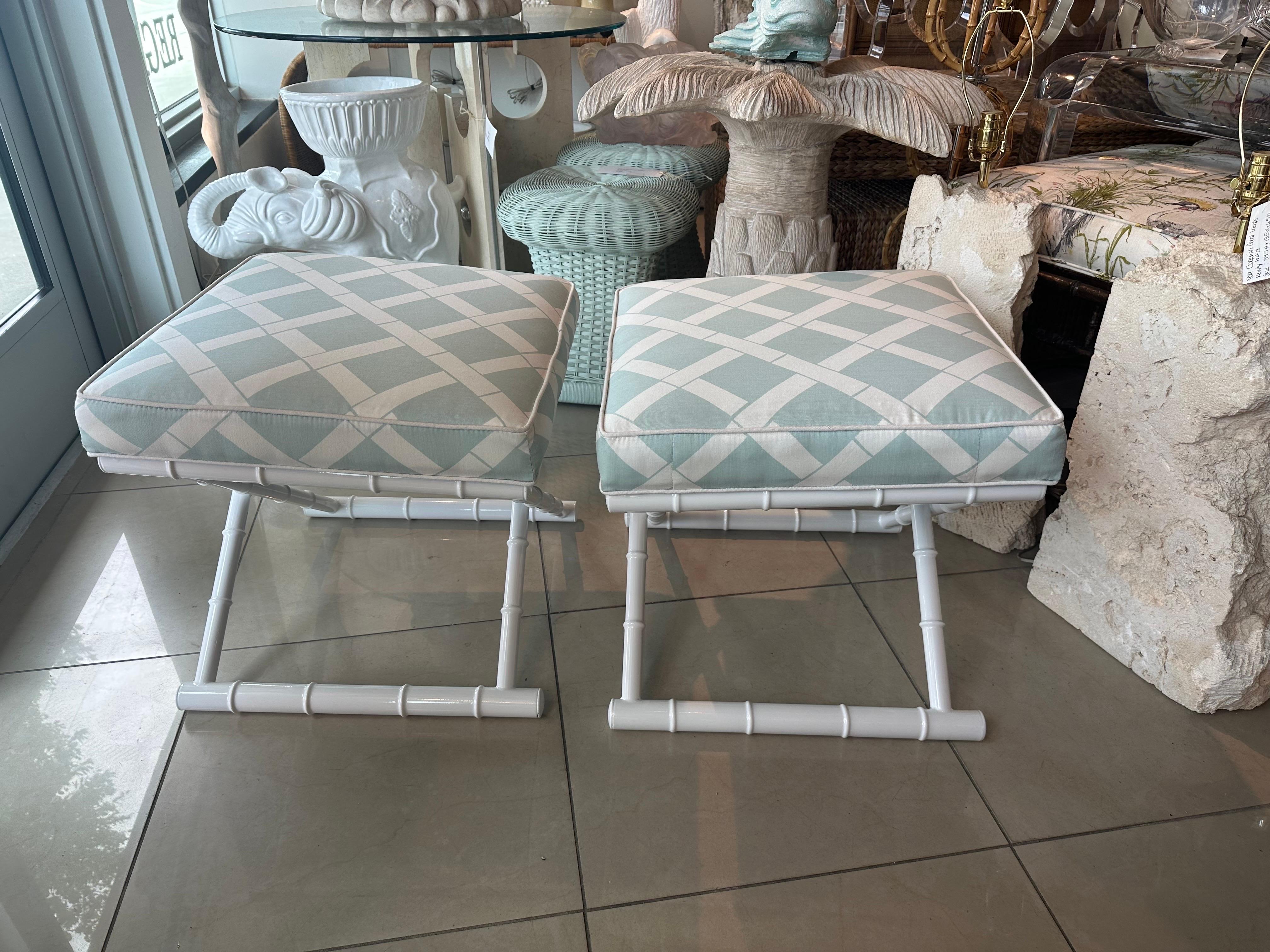 Late 20th Century Vintage Pair X Benches Faux Bamboo Metal Patio Newly Upholstered & Powder-coated