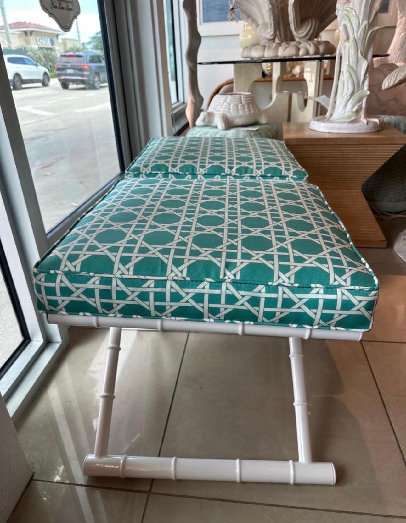 Vintage Pair X Benches Faux Bamboo Metal Patio Newly Upholstered & Powder-coated For Sale 1