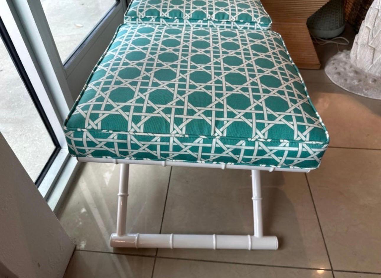 Vintage Pair X Benches Faux Bamboo Metal Patio Newly Upholstered & Powder-coated For Sale 2
