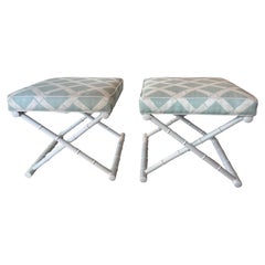 Vintage Pair X Benches Faux Bamboo Metal Patio Newly Upholstered & Powder-coated