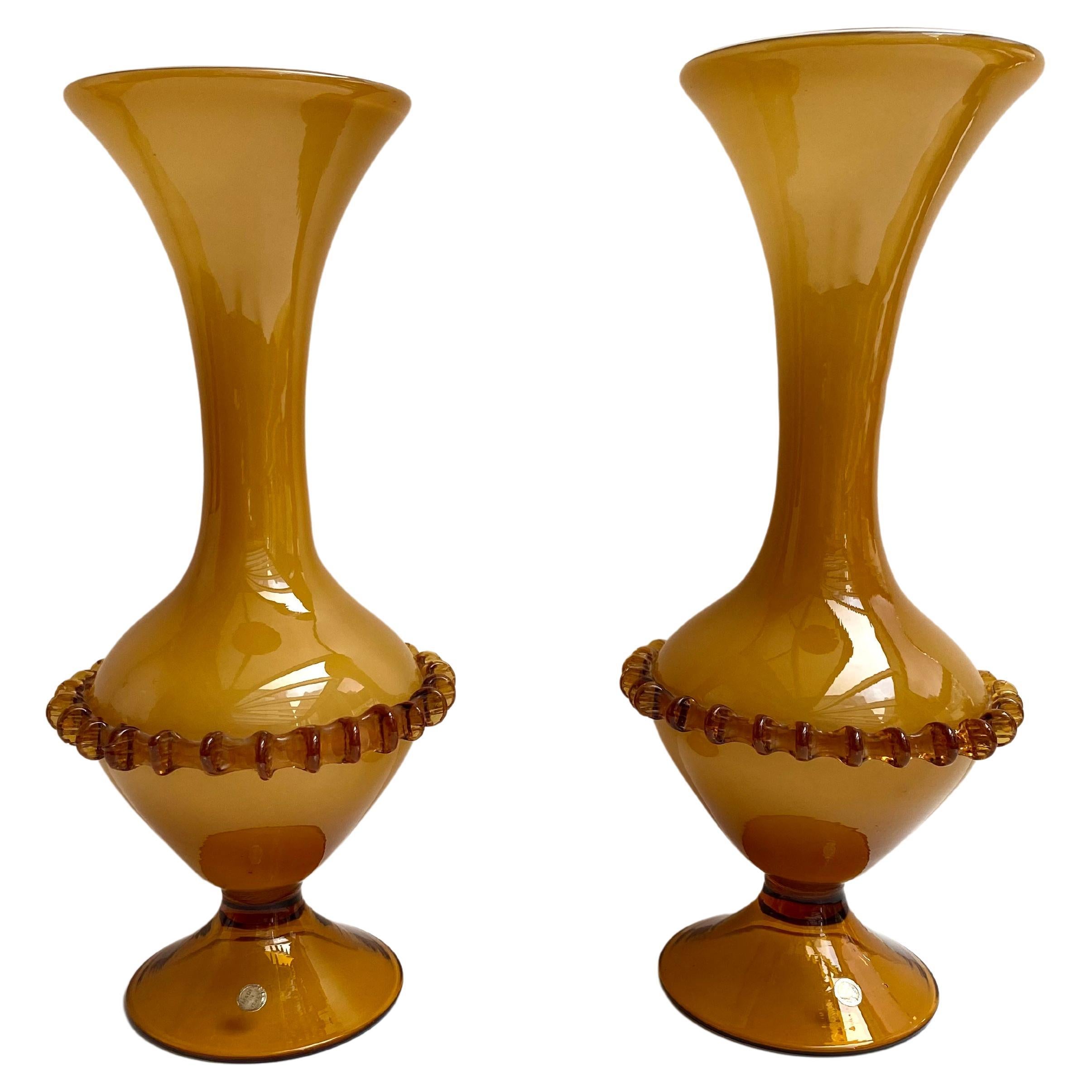 Vintage Paired Vases in Amazing Yellow Ochre Murano Glass Set 2, Italy For Sale