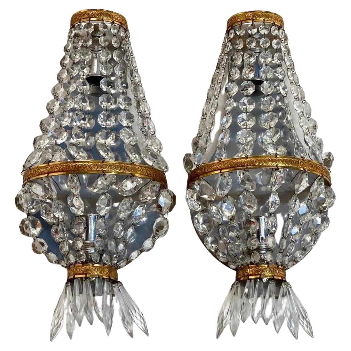 Vintage Paired Wall Sconces  Crystal And Brass Wall Lighting, France, 1960 For Sale