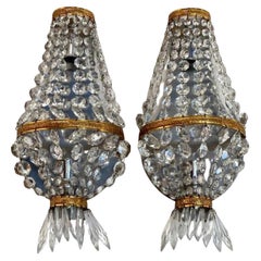 Retro Paired Wall Sconces  Crystal And Brass Wall Lighting, France, 1960