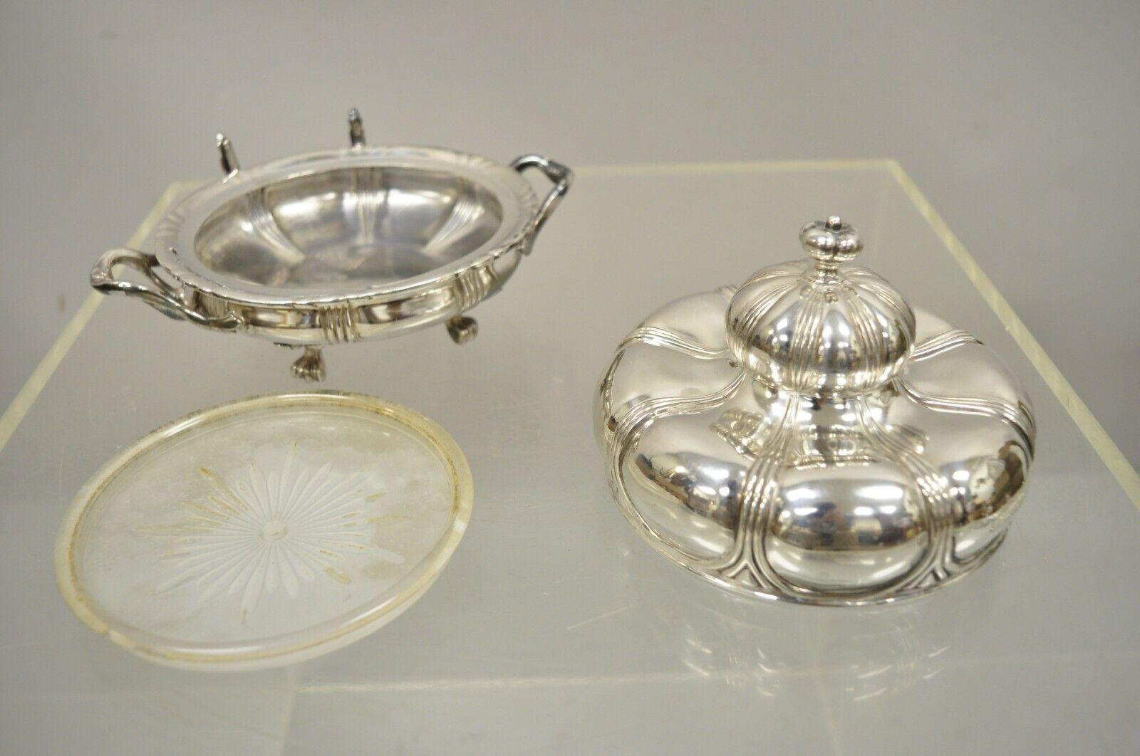 Vintage Pairpoint Silver Plated Covered Butter Bowl Covered Dish with Glass 3