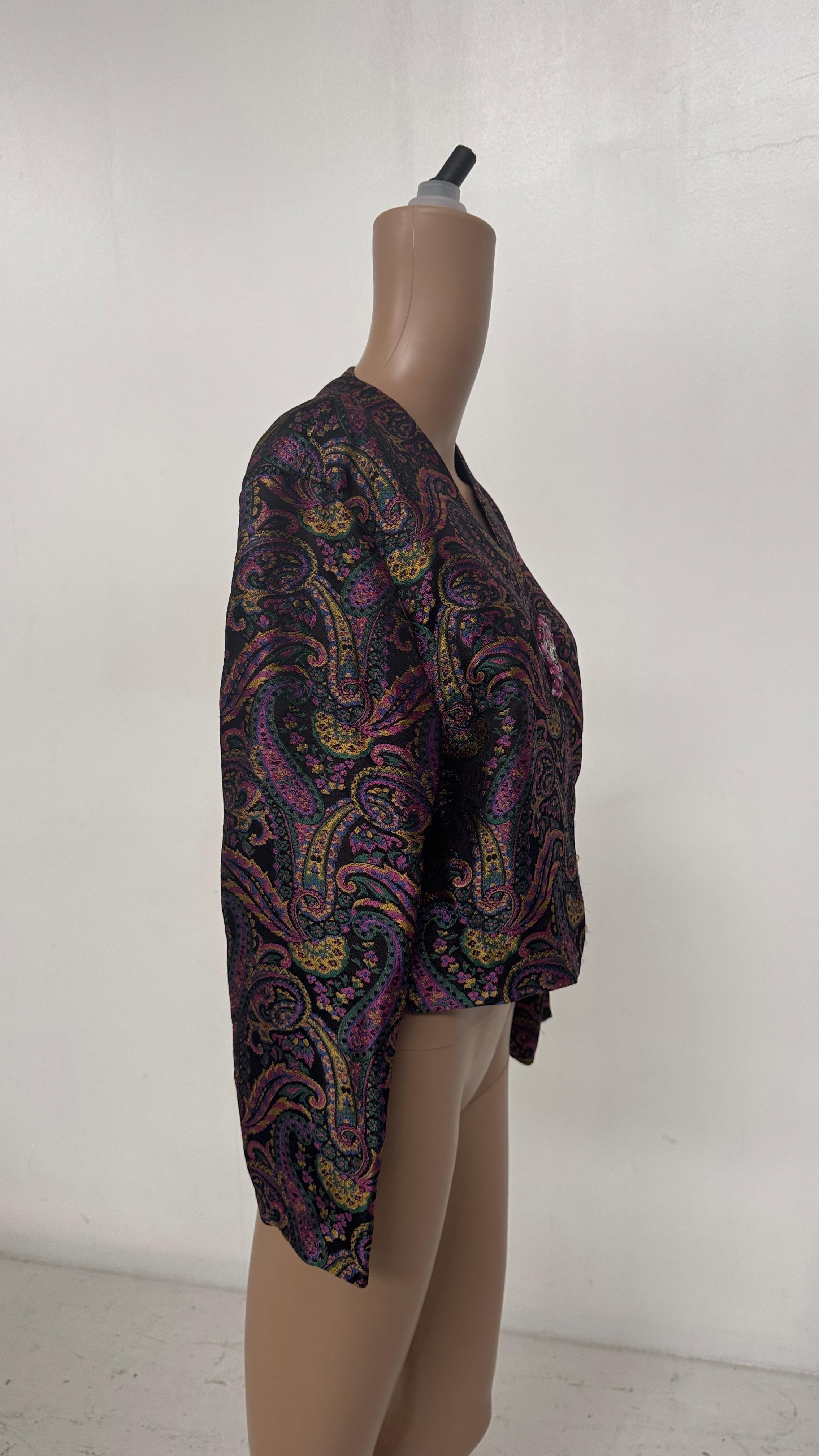 Women's or Men's Vintage Paisley Jacquard Jacket with Heart-Shaped Jewel Detail For Sale