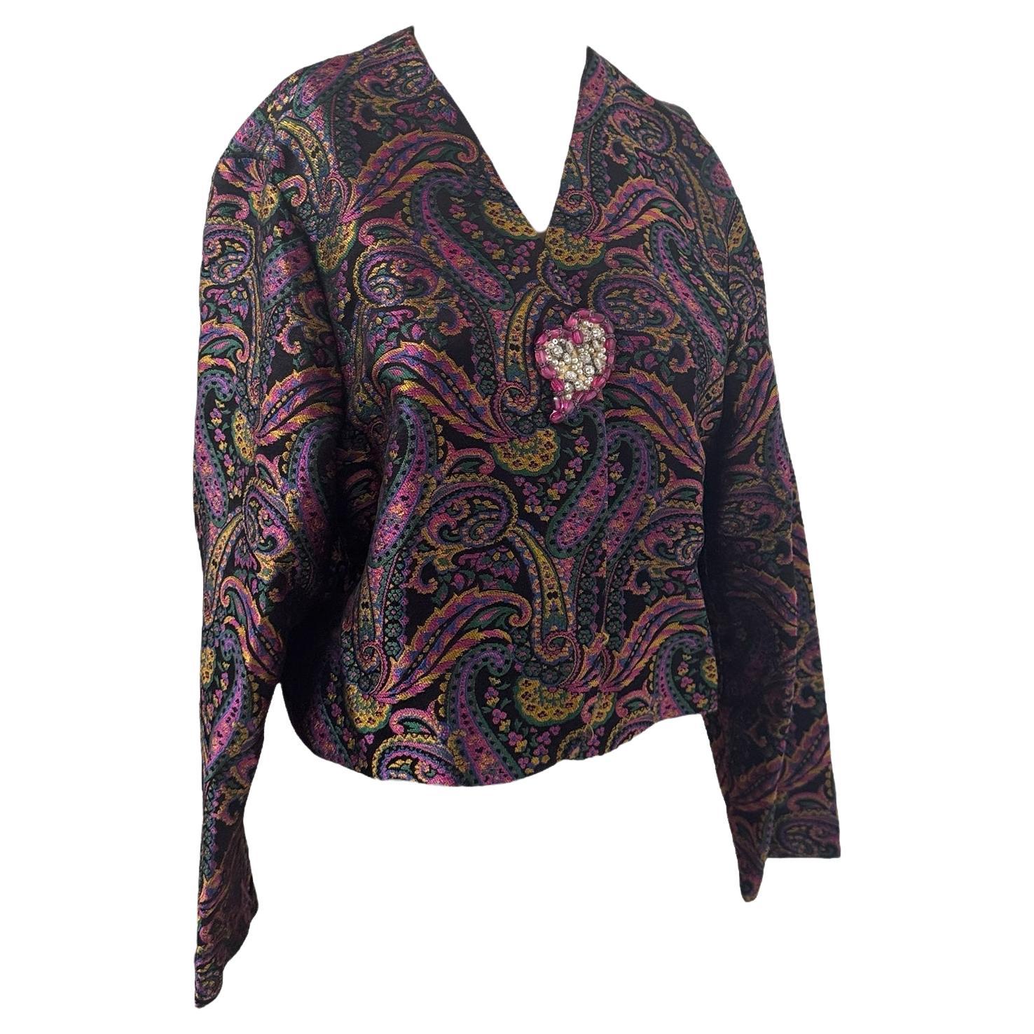 Vintage Paisley Jacquard Jacket with Heart-Shaped Jewel Detail For Sale