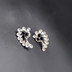 Vintage Paisley Onyx & Clear Crystal Statement Earrings, Push Back Style