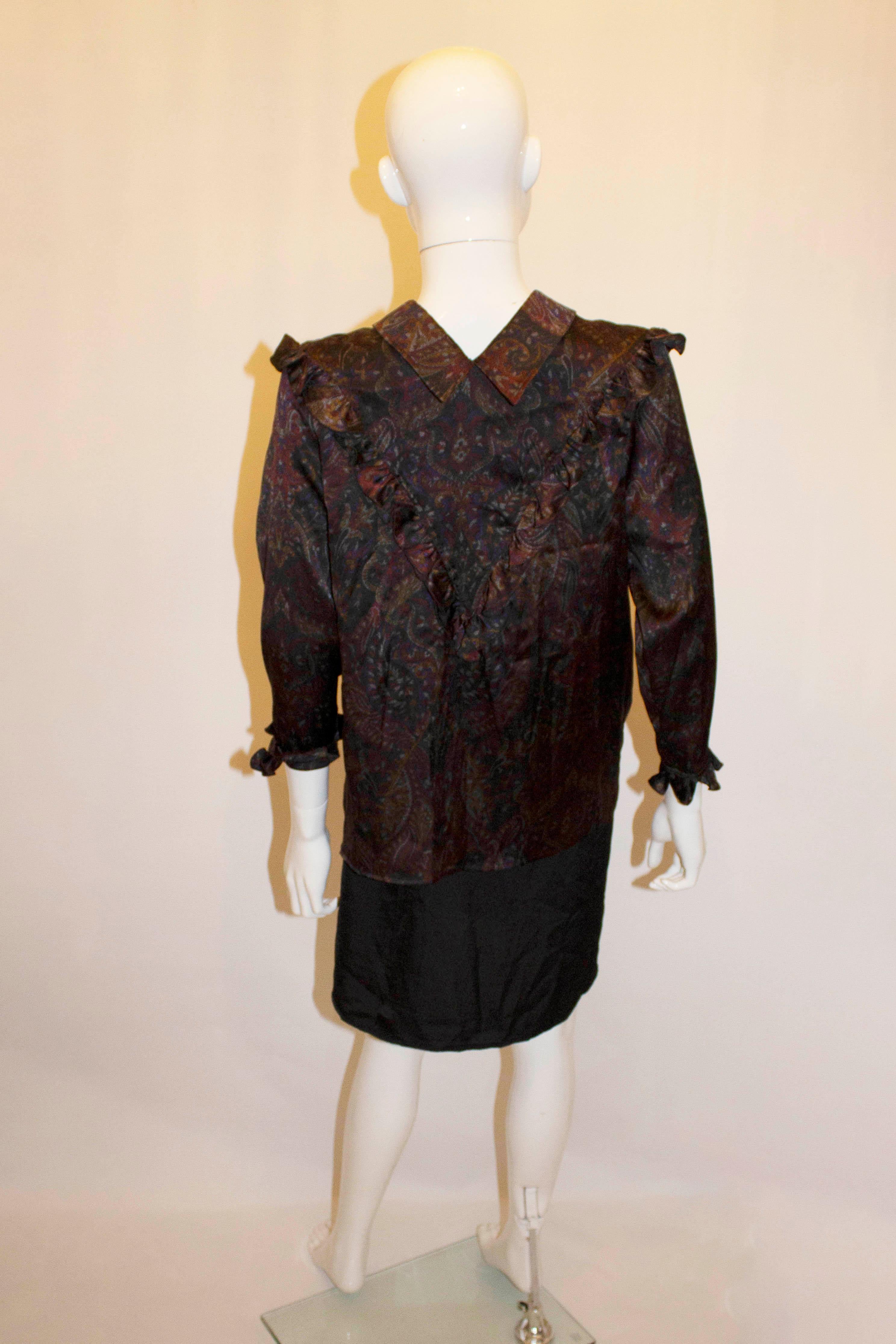 Black Vintage Paisley Print Silk Shirt with Interesting Collar and Frill Detail For Sale