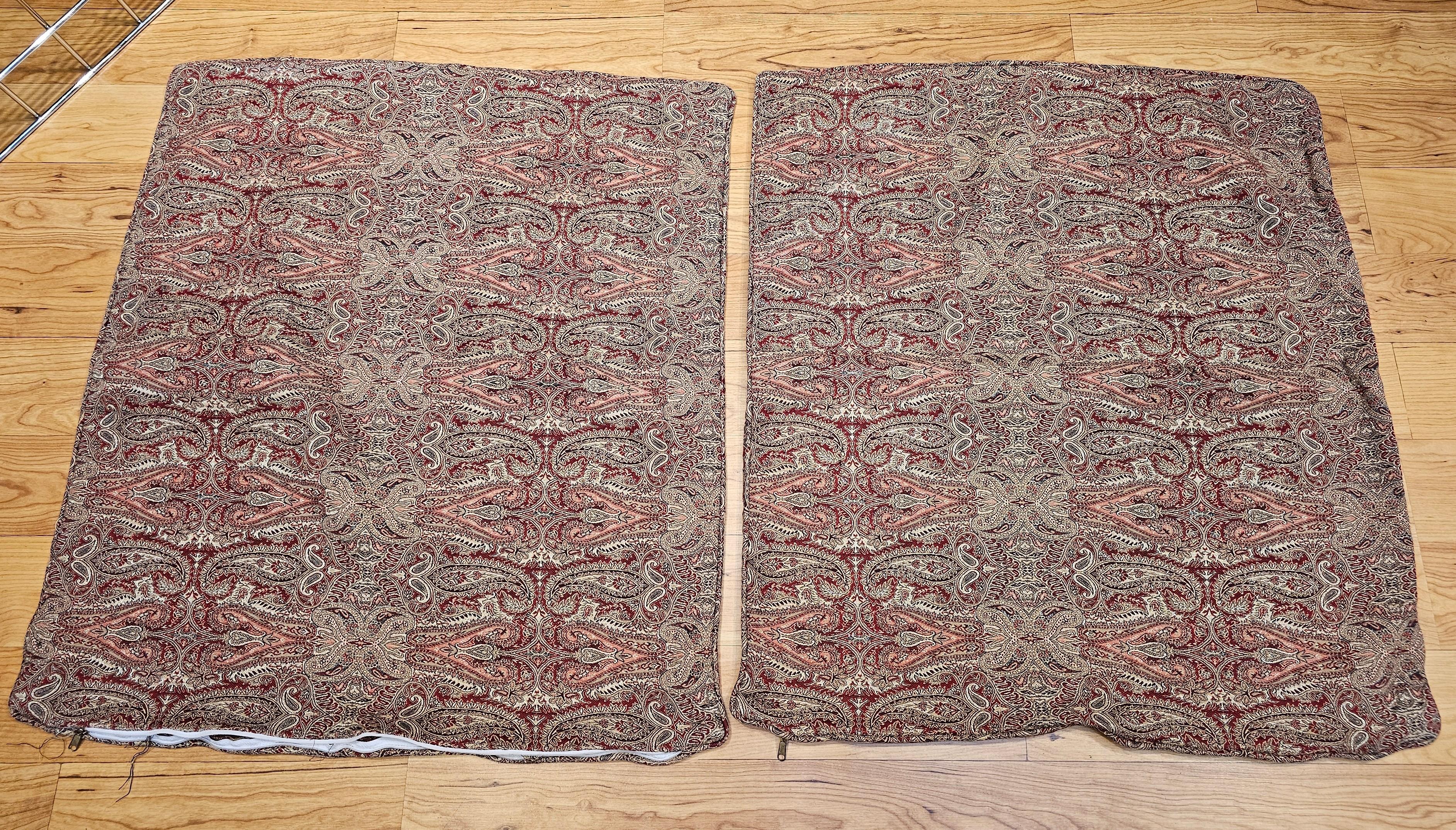 Wool Vintage Paisley Shawl Pillow Cases in Red, Gold, Ivory (A Pair) For Sale