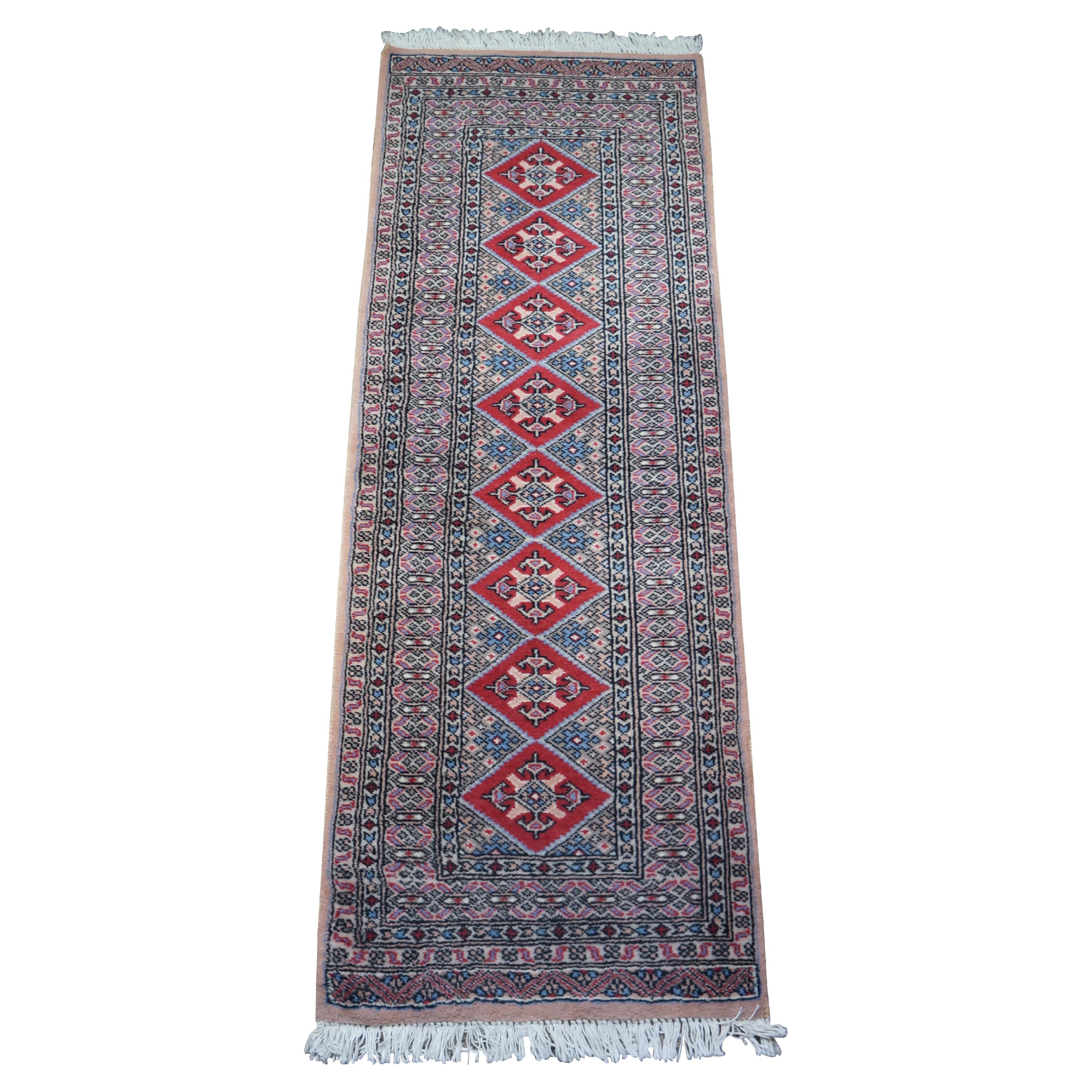 Vintage Pakistan 100% Wool Geometric Diamond Rug Runner Carpet Mat 25" x 69" For Sale
