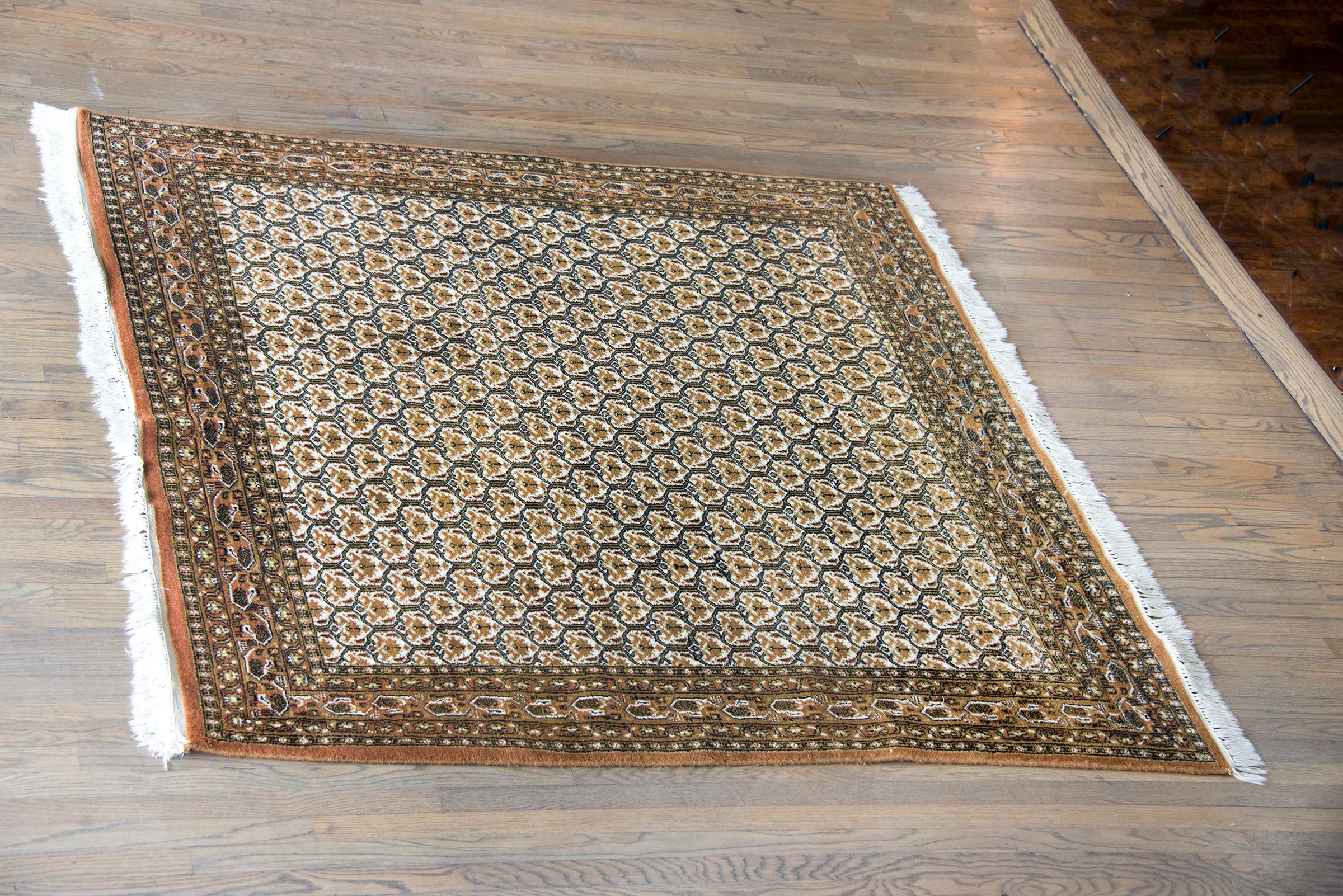A wonderful late 20th century Pakistani Chi Chi rug with an all-over floral trellis pattern surrounded by a complex border with a central repeated paisley patterned stripe flanked by pairs of matching petite floral and scrolling vine patterned
