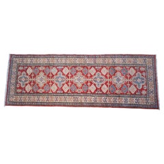 Vintage Pakistani Geometric Kazak 100% Wool Red Rug Runner Carpet 2.5' x 7'