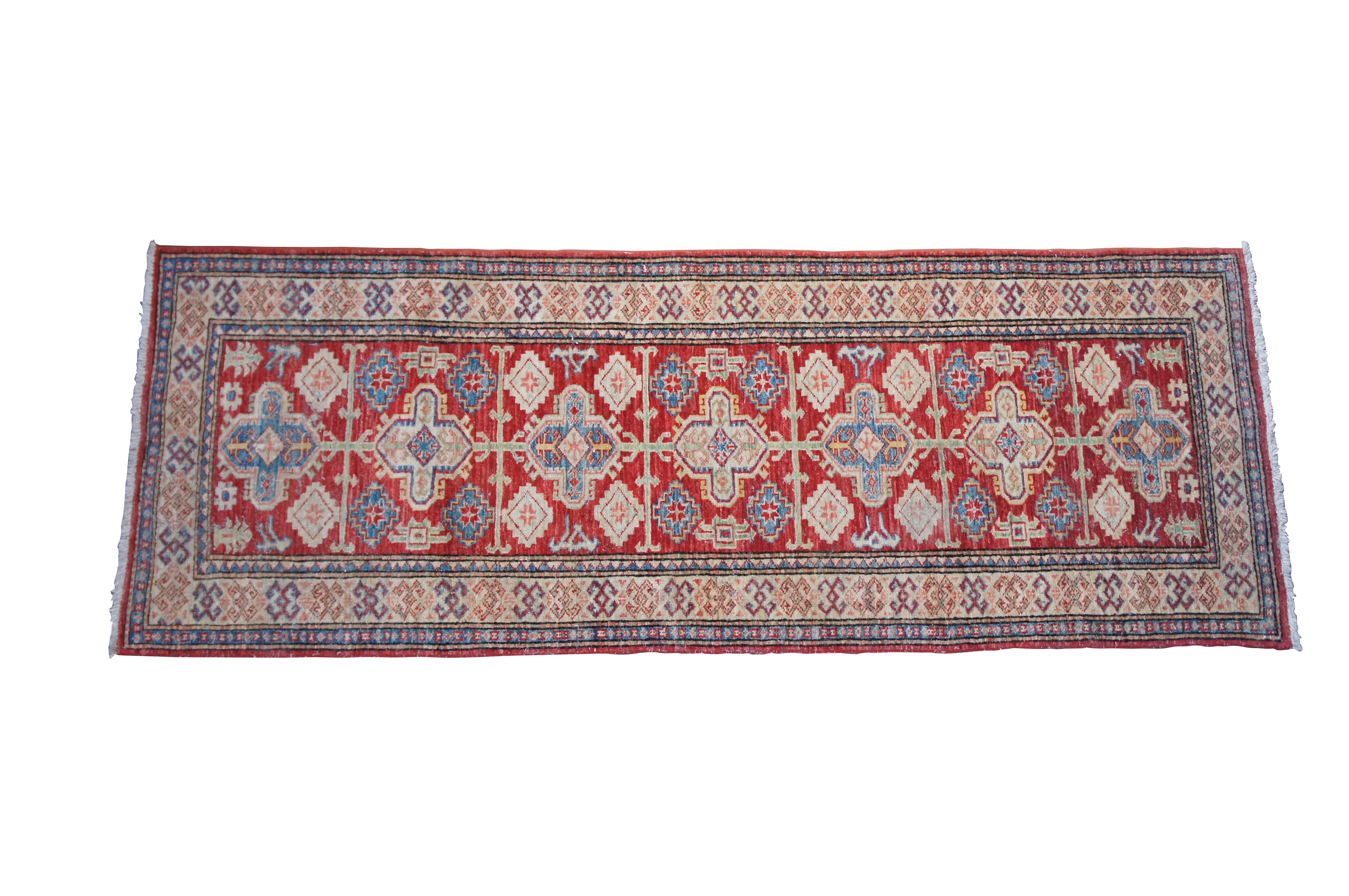 Vintage Pakistani Geometric Kazak 100% Wool Red Rug Runner Carpet 2.5' x 7' In Good Condition For Sale In Dayton, OH