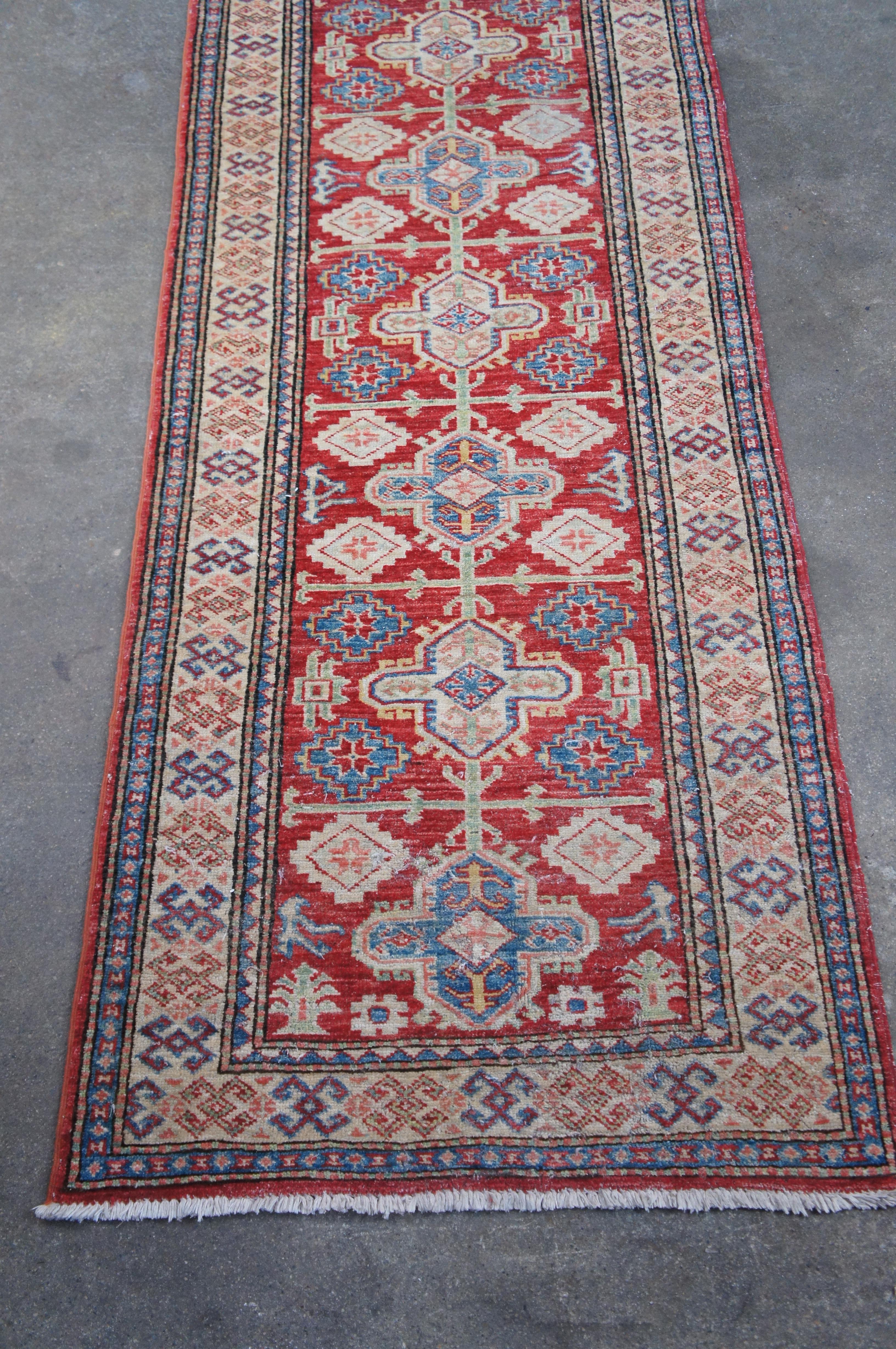 20th Century Vintage Pakistani Geometric Kazak 100% Wool Red Rug Runner Carpet 2.5' x 7' For Sale