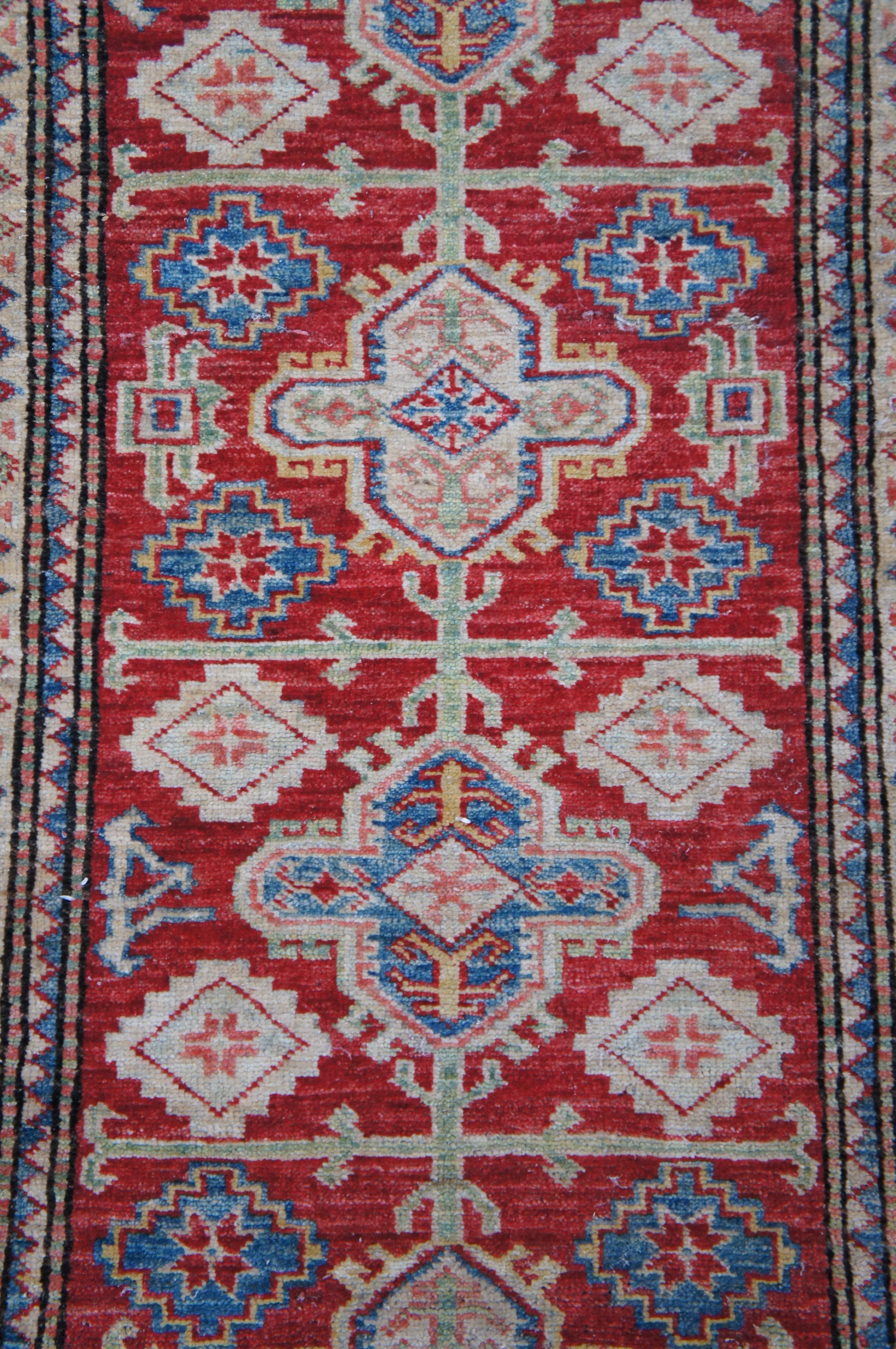 Vintage Pakistani Geometric Kazak 100% Wool Red Rug Runner Carpet 2.5' x 7' For Sale 1