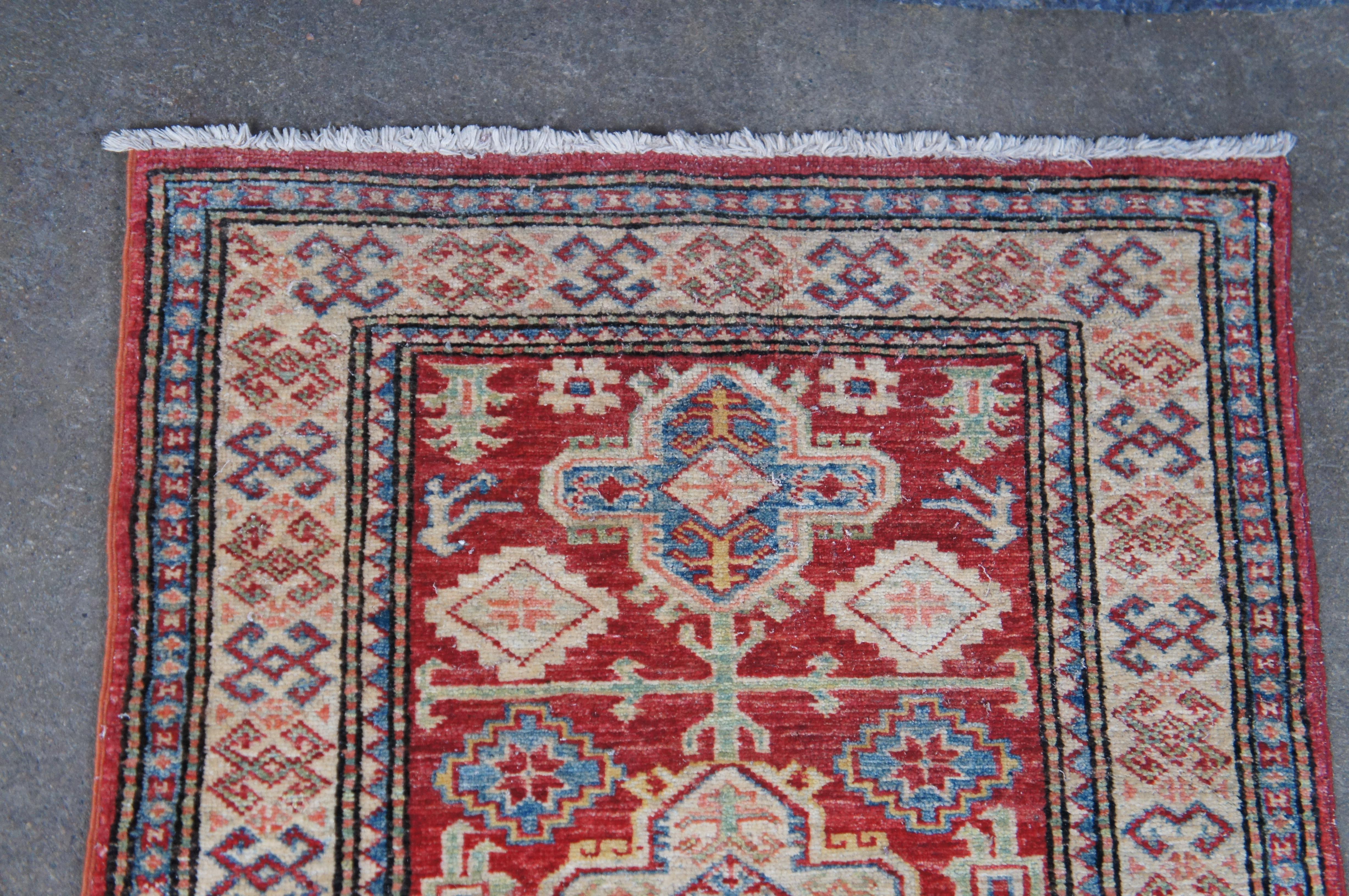 Vintage Pakistani Geometric Kazak 100% Wool Red Rug Runner Carpet 2.5' x 7' For Sale 2