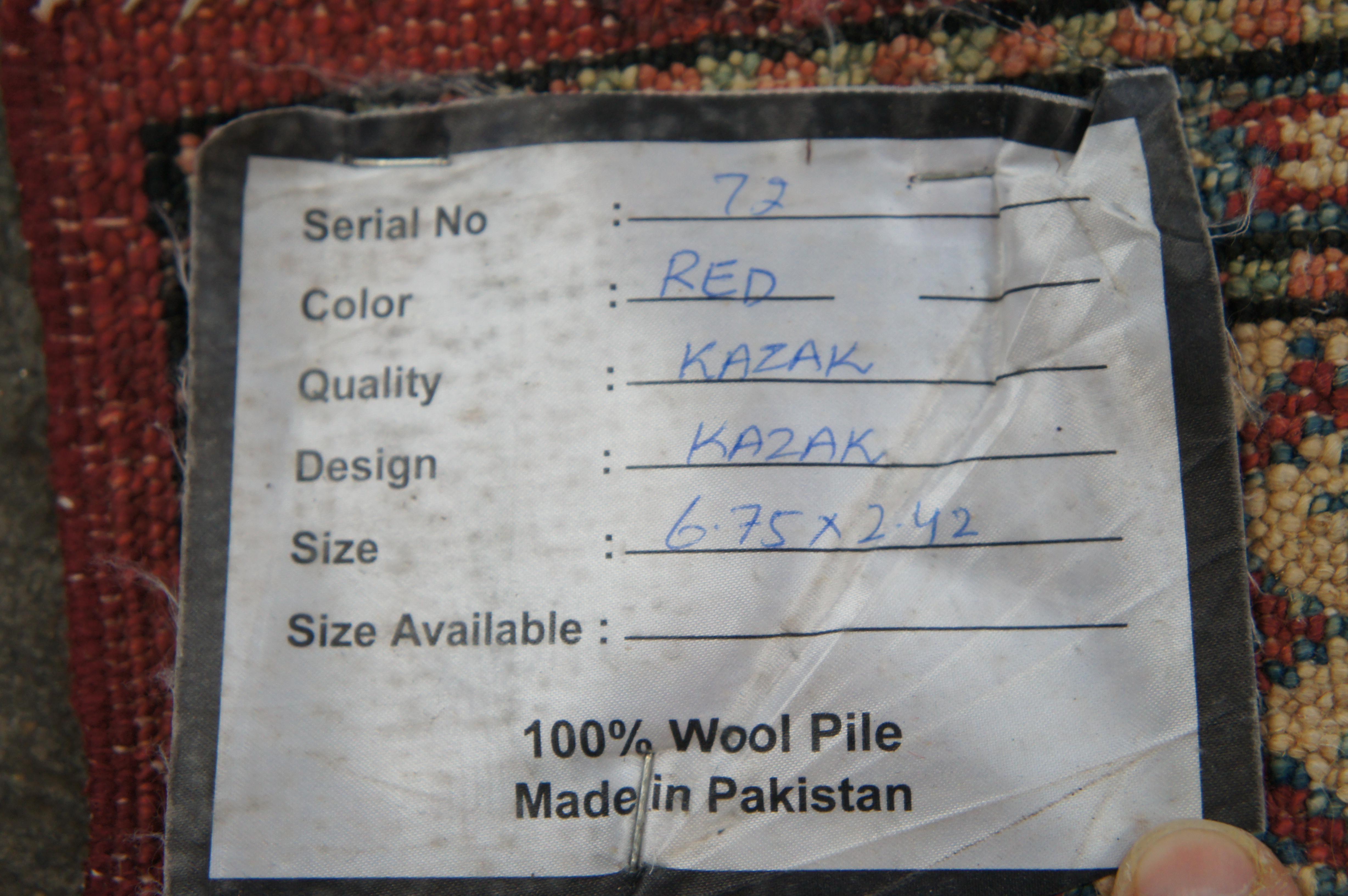 Vintage Pakistani Geometric Kazak 100% Wool Red Rug Runner Carpet 2.5' x 7' For Sale 5