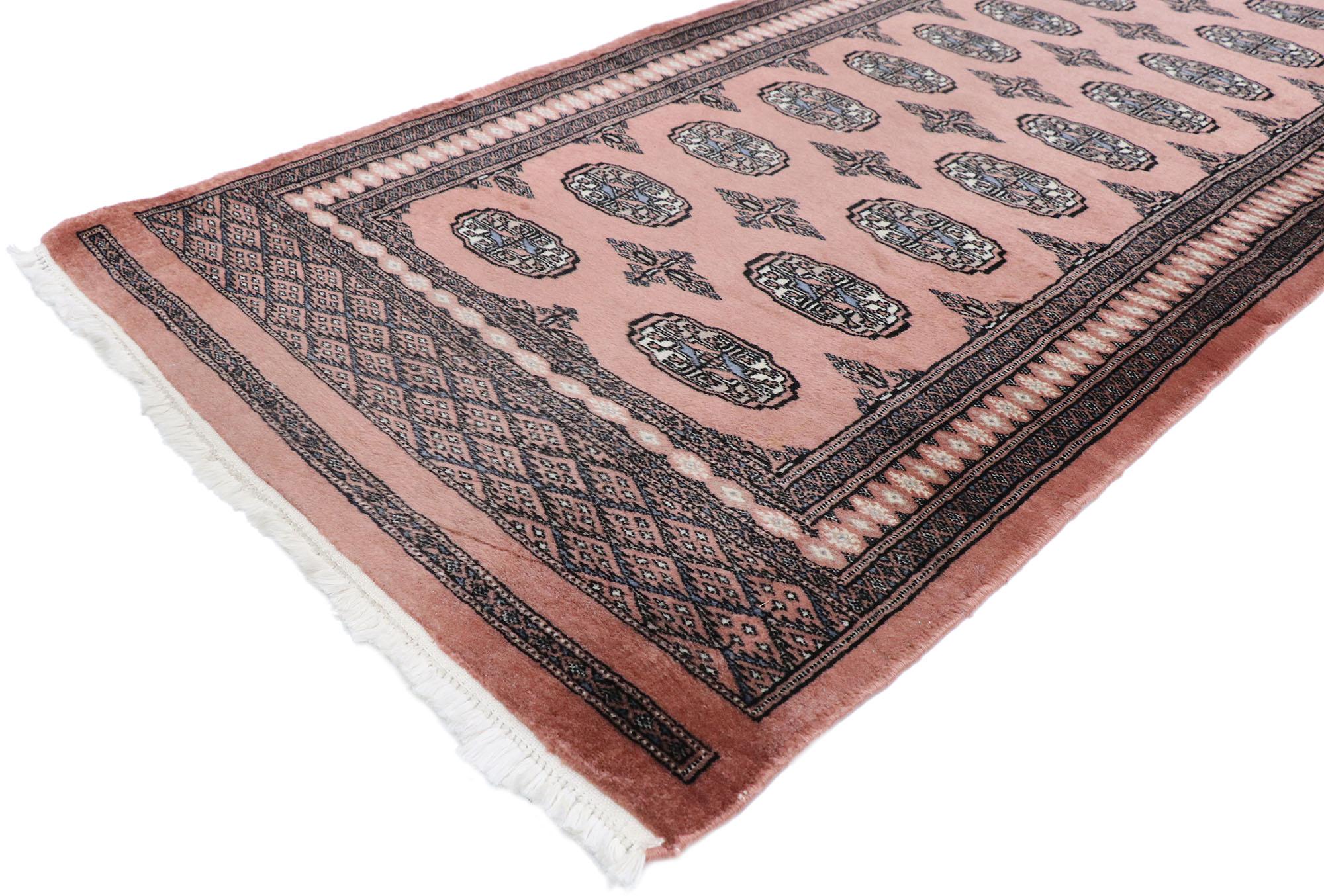 77798 vintage Pakistani Jaldar Bokhara Runner with Southwest Boho Chic style 02'08 x 17'09. Effortless beauty and simplicity meet southwest desert boho style in this hand-knotted wool vintage Pakistani Jaldar Bokhara runner. The abrashed rose pink