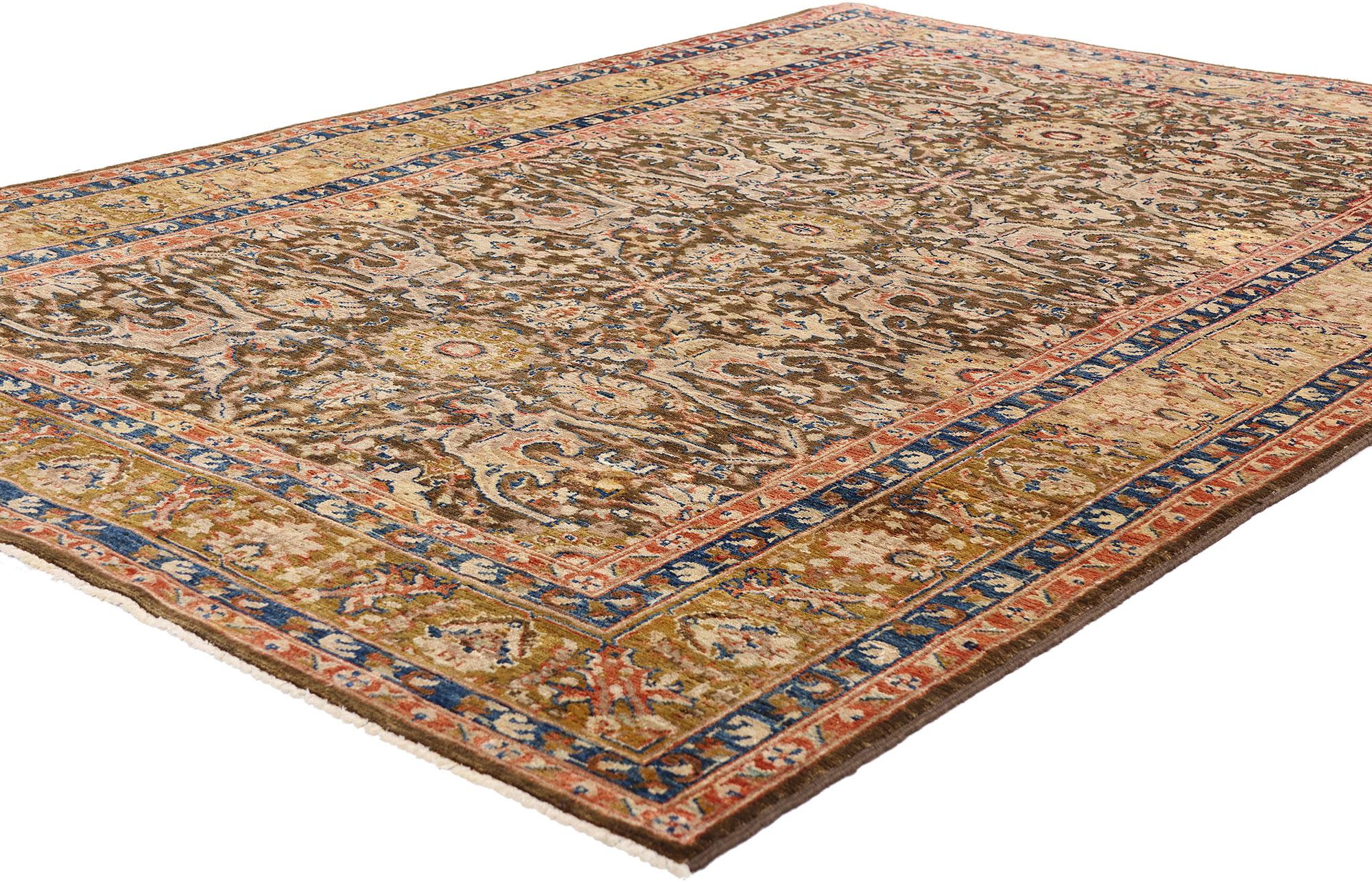 79245 Vintage Earth-Tone Malayer Rug, 05'07 x 08'04. Steeped in artisanal reverence and timeless luxury, this hand-knotted wool vintage Pakistani Malayer rug channels the spirit of old-world grandeur with a palette drawn from nature’s rarest hues.