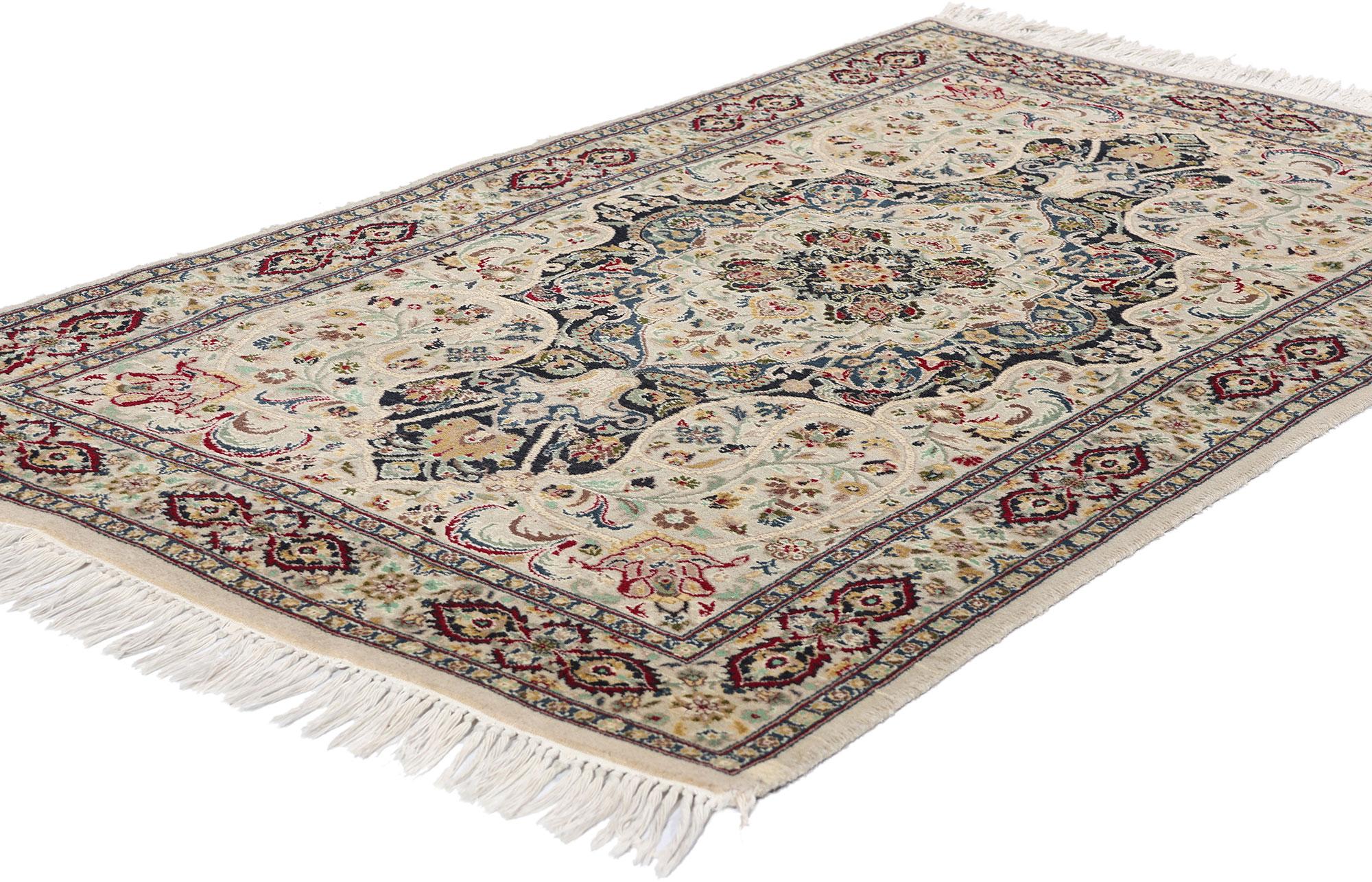 78960 Vintage Pakistani Nain Rug, 03'01 x 05'04. This exquisite hand-knotted vintage Pakistani Nain rug captures the essence of artistry, seamlessly blending tradition and elegance in its intricate design. Originating from Pakistan, this Nain rug