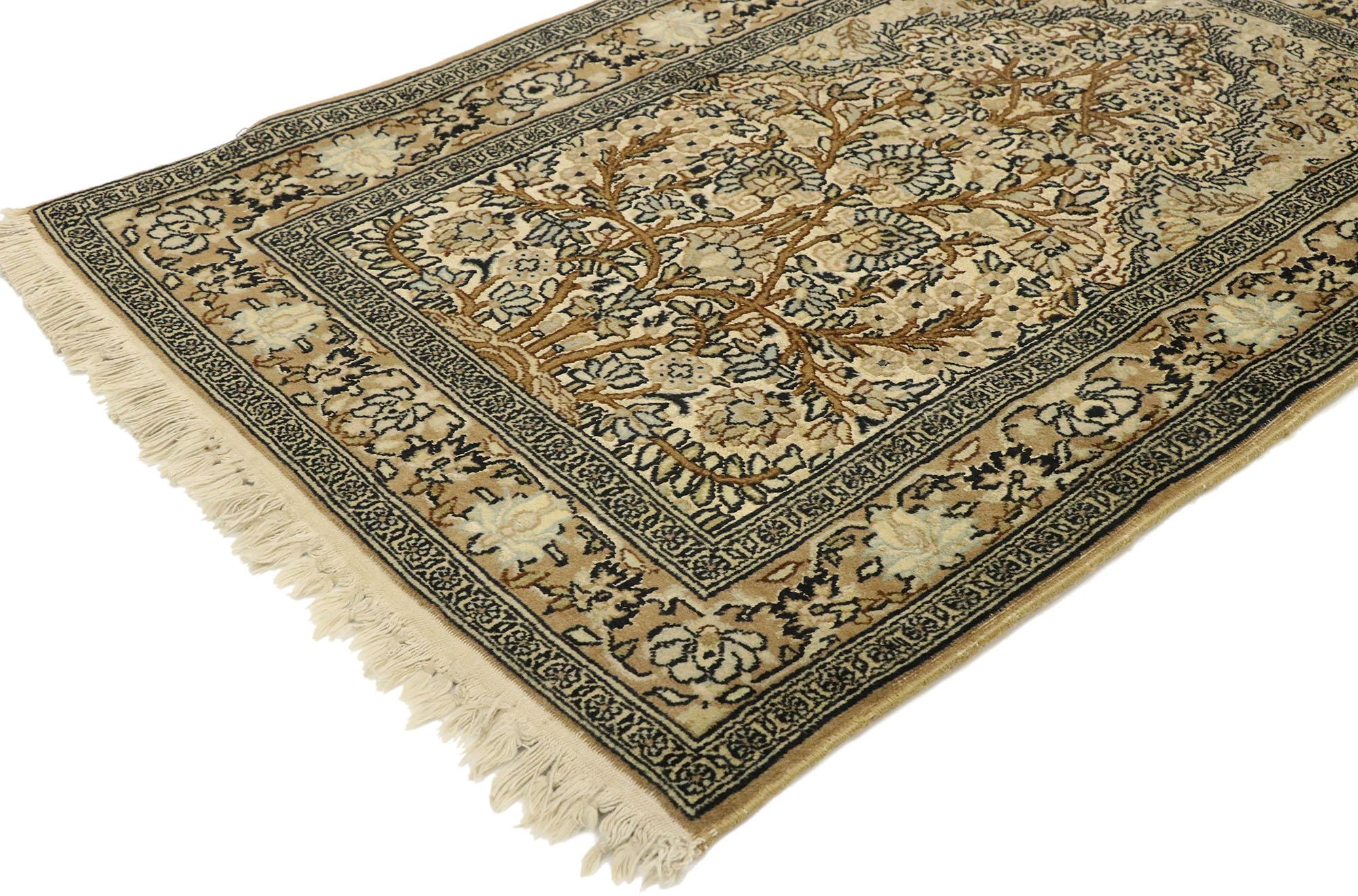 74453, vintage Pakistani Persian style Prayer rug with Directional layout design. Give the look of woven wonders and decorative elegance with this hand knotted wool vintage Pakistani Persian style vase prayer rug. From the bottom, the three branches