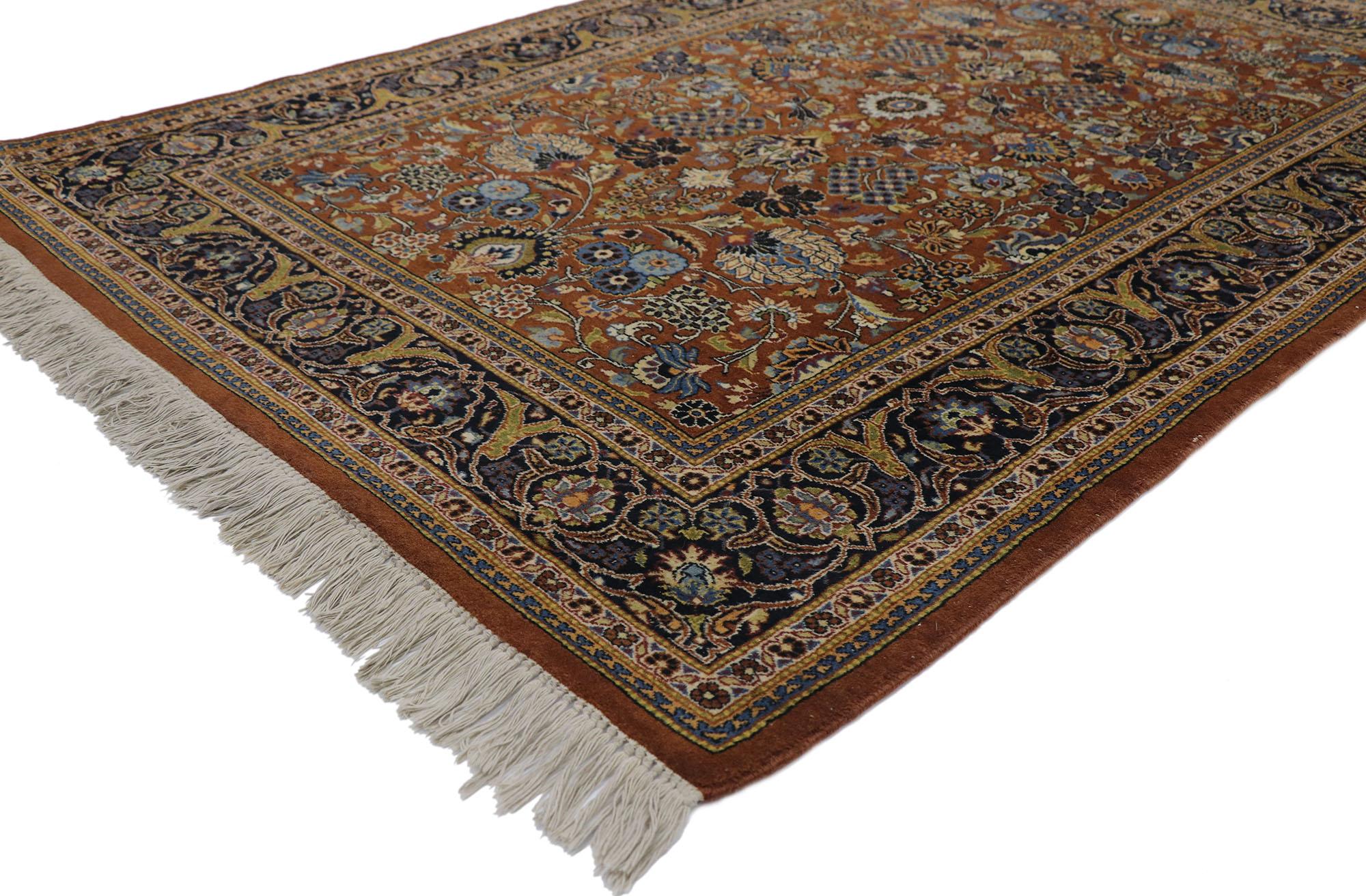 ?78138 Vintage Pakistani rug, 04'02 x 06'02.
Emanating traditional style with incredible detail and texture, this hand knotted Pakistani rug is a captivating vision of woven beauty. The timeless botanical design and sophisticated colors woven into