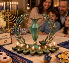 Vintage Pal-Bell Israeli Brass Hanukkah Menorah with Olive Branches and Oil Jug