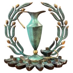 Vintage Pal-Bell Israeli Brass Hanukkah Menorah with Olive Branches and Oil Jug