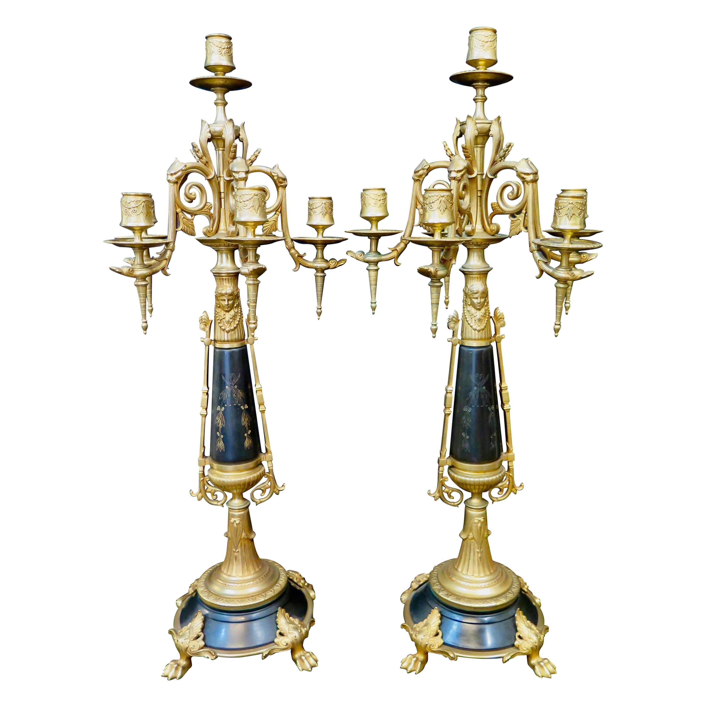 Vintage "Palace Size" Bronze and Black Marble Candelabra For Sale