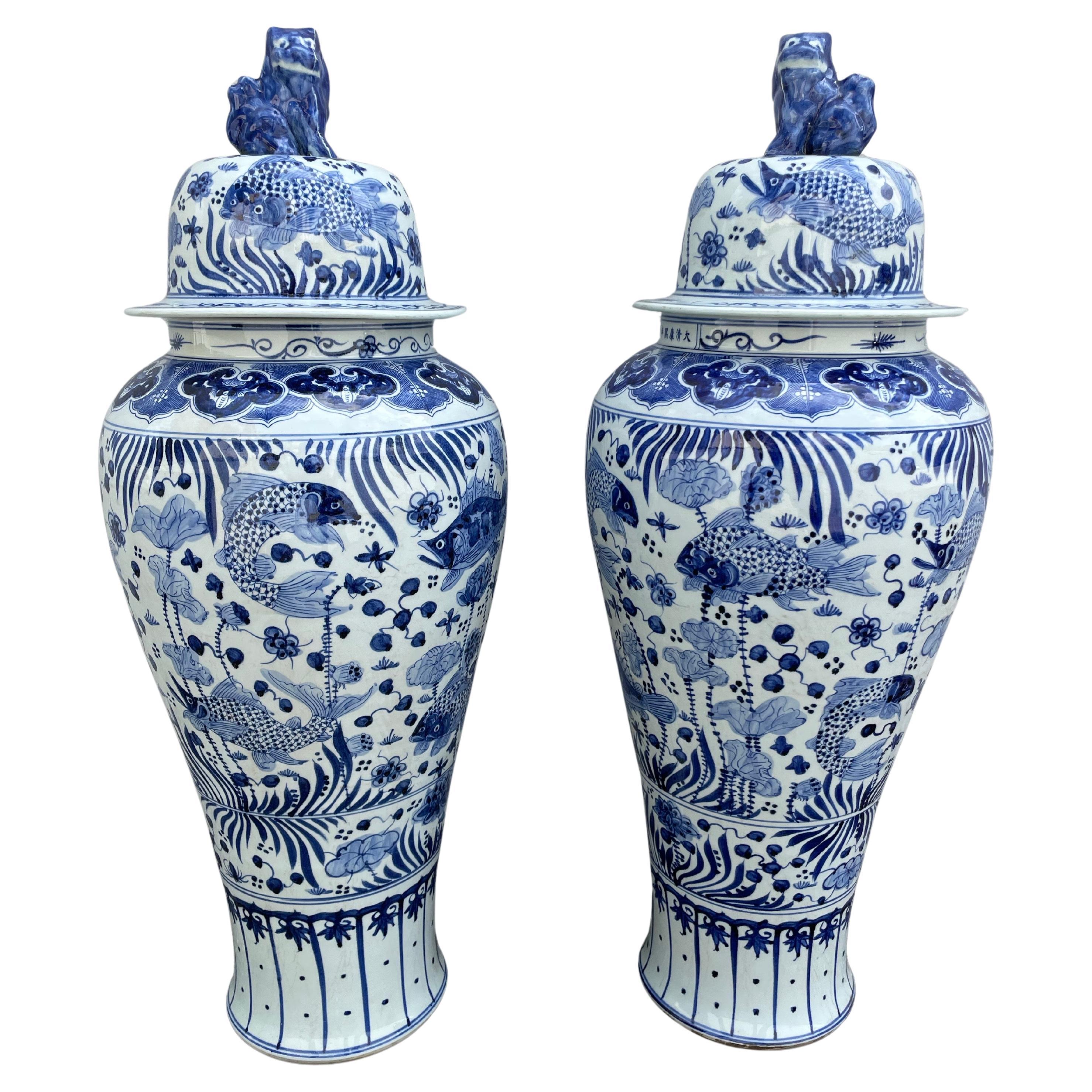 Barattoli di zenzero cinesi blu e bianchi, vintage Palace, coperchi Foo Dog