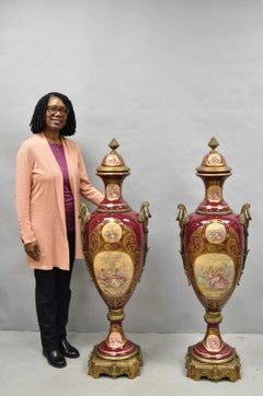 Vintage Palace Size French Sevres Style Red Porcelain Revolving Covered Urn Pair