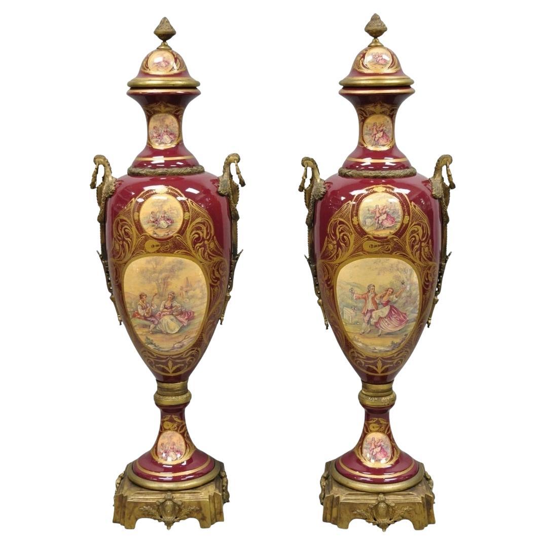 Vintage Palace Size French Sevres Style Red Porcelain Revolving Covered Urn Pair