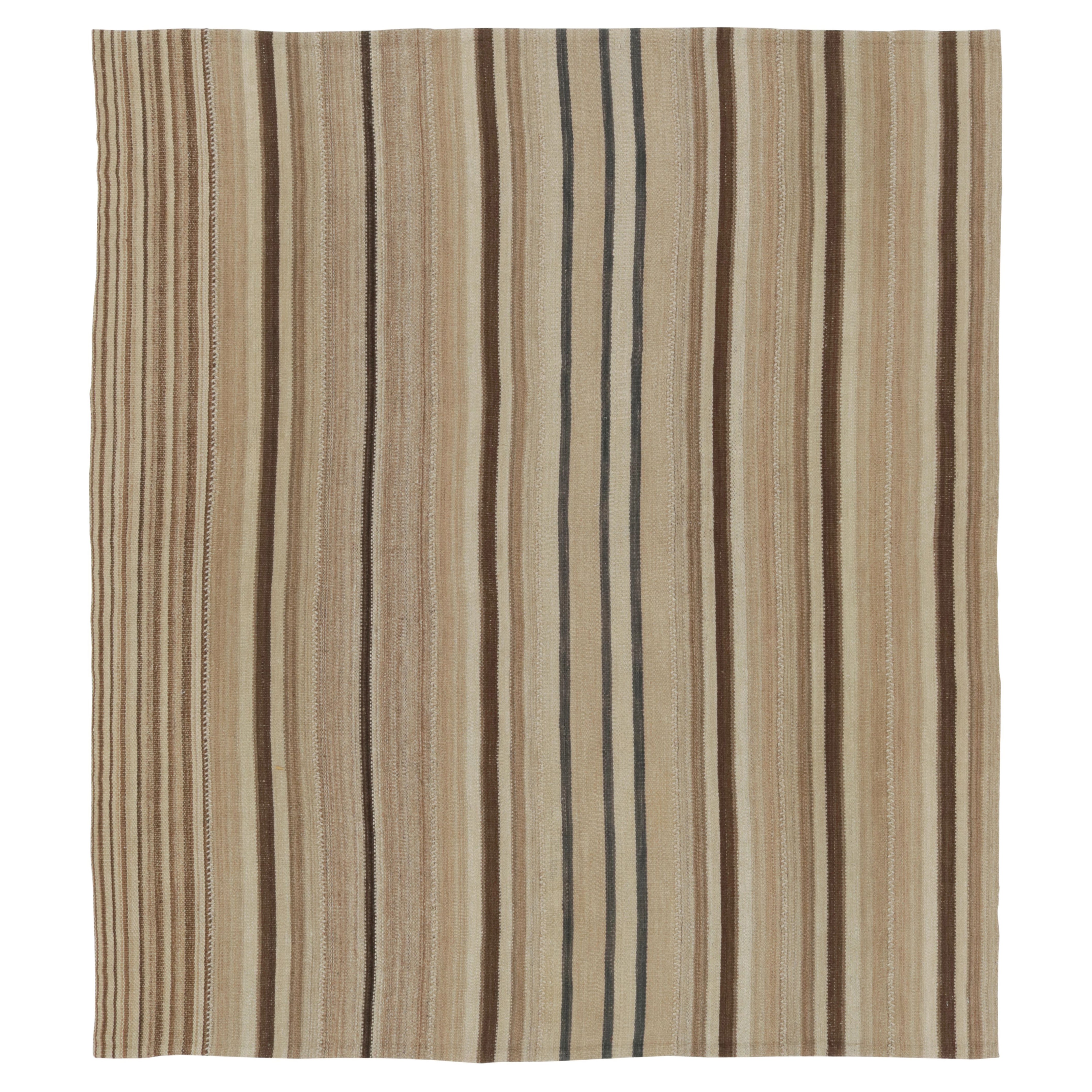 Vintage Palas Bidjar Persian Square Kilim, Beige-Brown Stripes - Rug 
Kilim