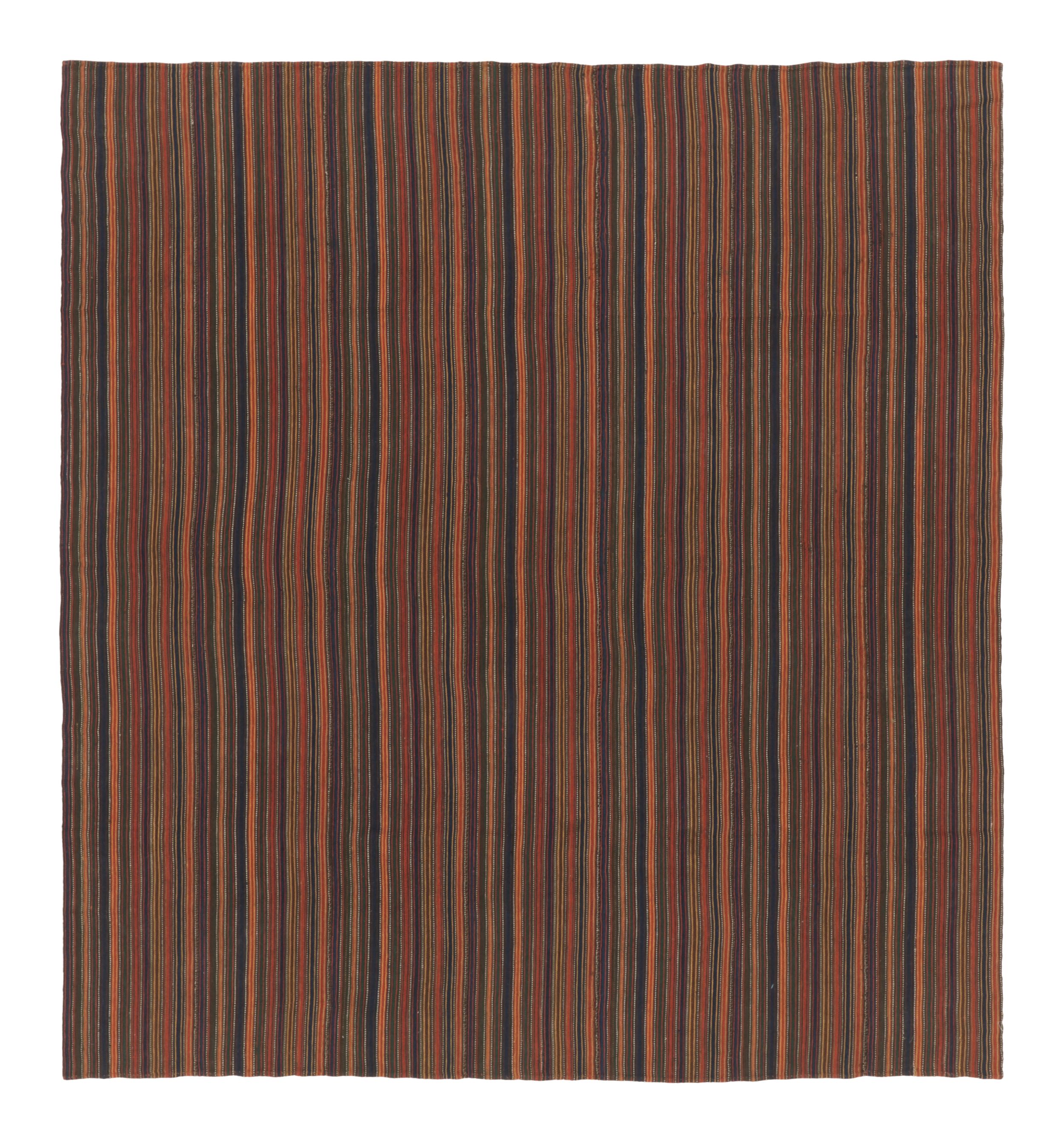 Vintage Palas Bidjar Square Kilim in Brown & Red with Bold Stripes - Rug & Kilim