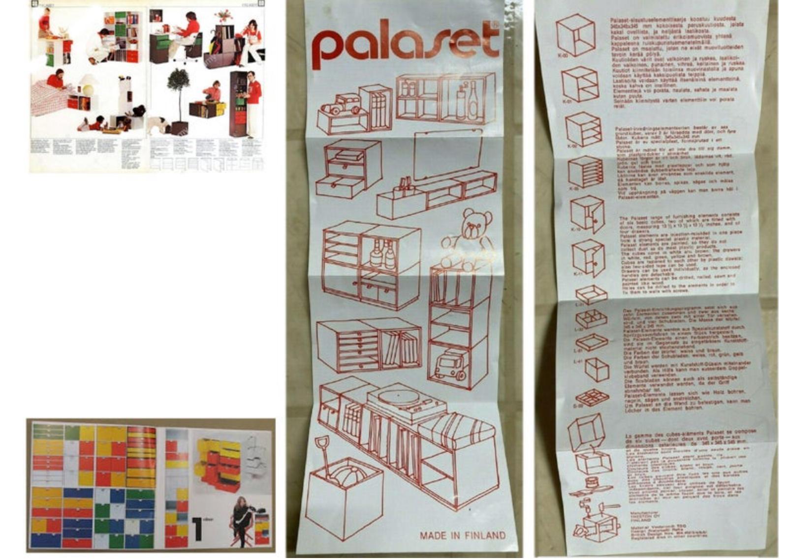 Palaset Palanox d'epoca, set di 10 scatole modulari, bianco, Finlandia, 1972.  Questo set comprende 5 scatole aperte bianche, 2 scatole bianche da 3 pezzi, 1 cassetto bianco, 1 cassetto marrone e 1 cassetto verde, 1 scatola bianca da 6 pezzi e 1