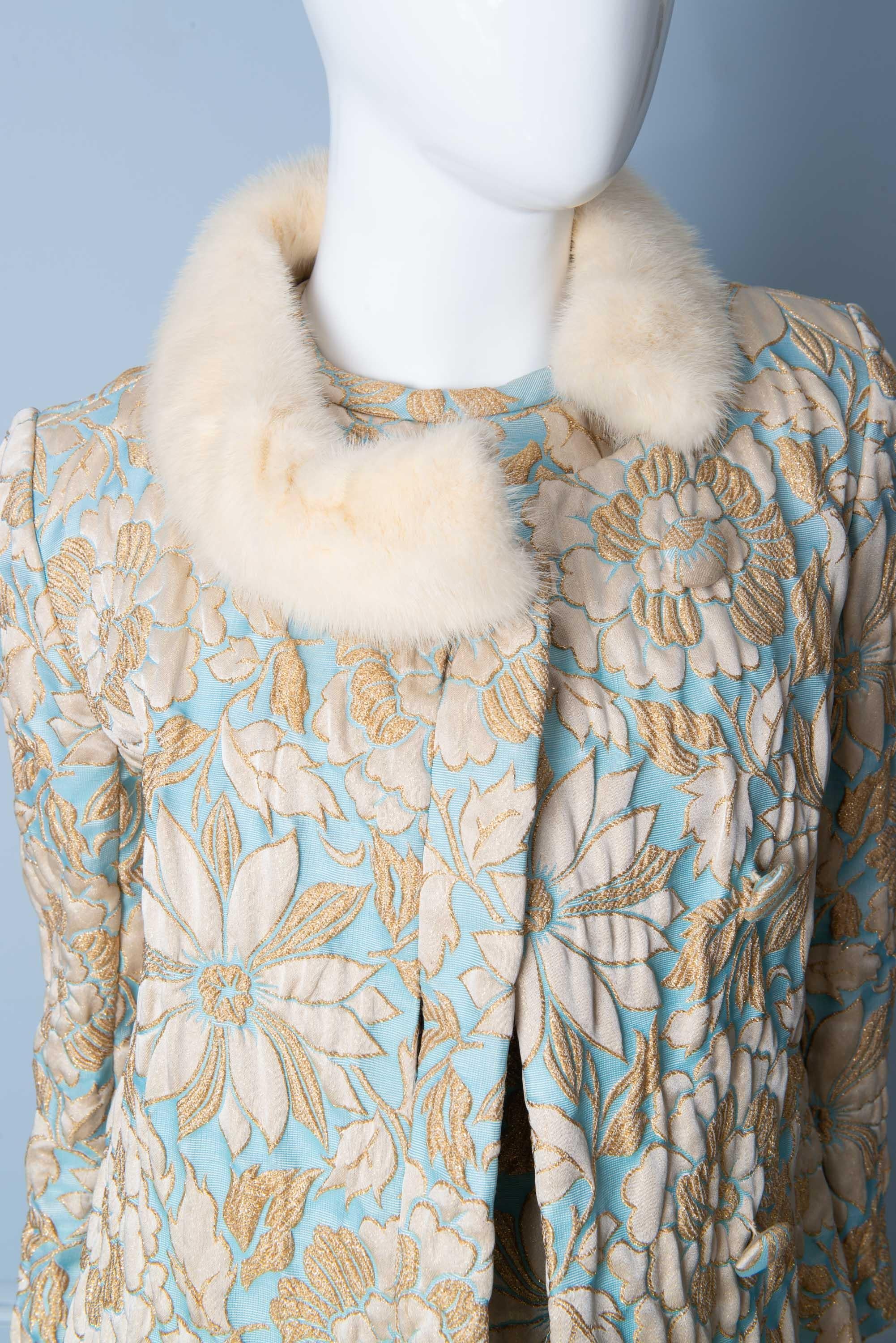 1960s Vintage Pale Blue and Gold Brocade, Mink Trimmed Coat and Dress 5