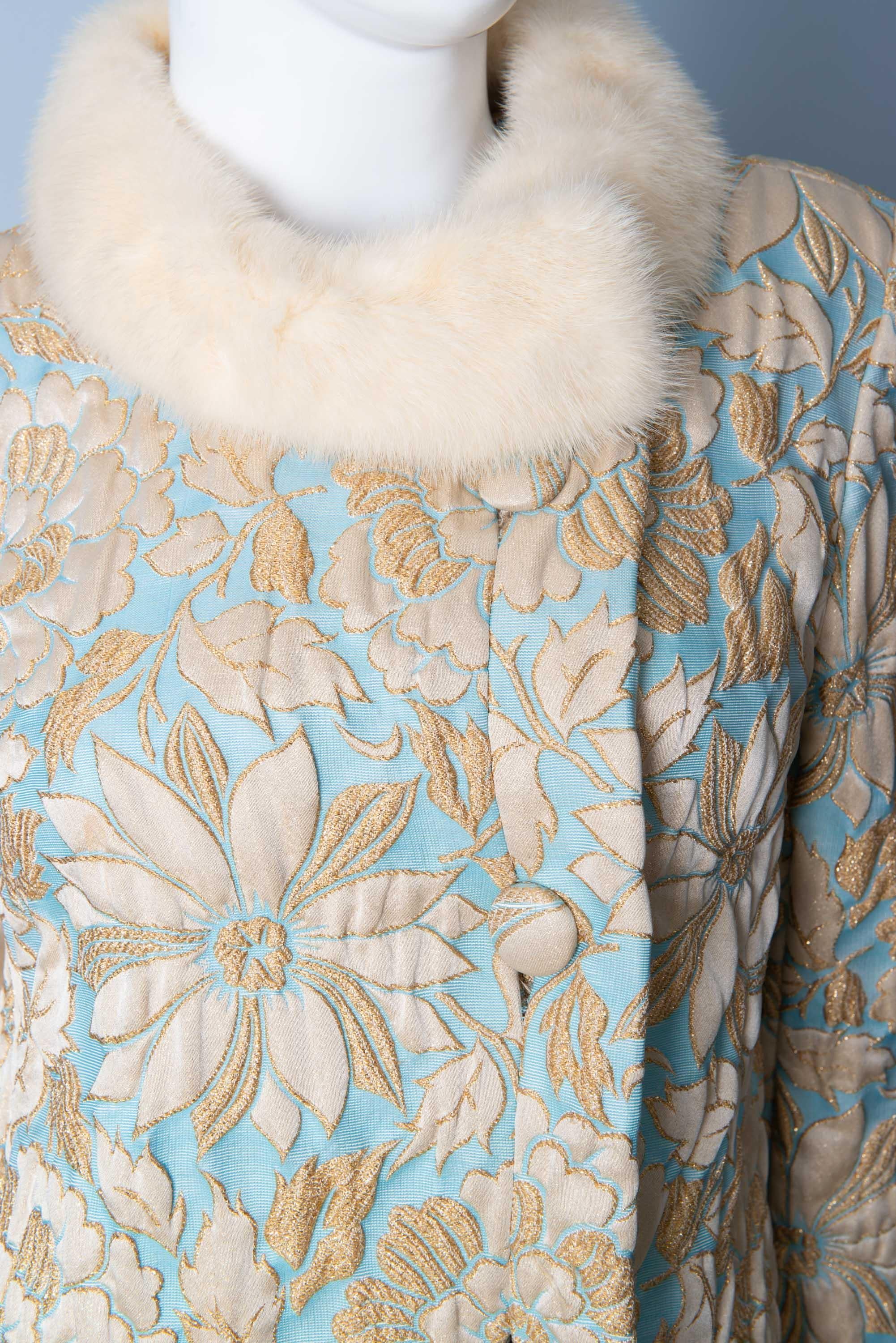 1960s Vintage Pale Blue and Gold Brocade, Mink Trimmed Coat and Dress 6