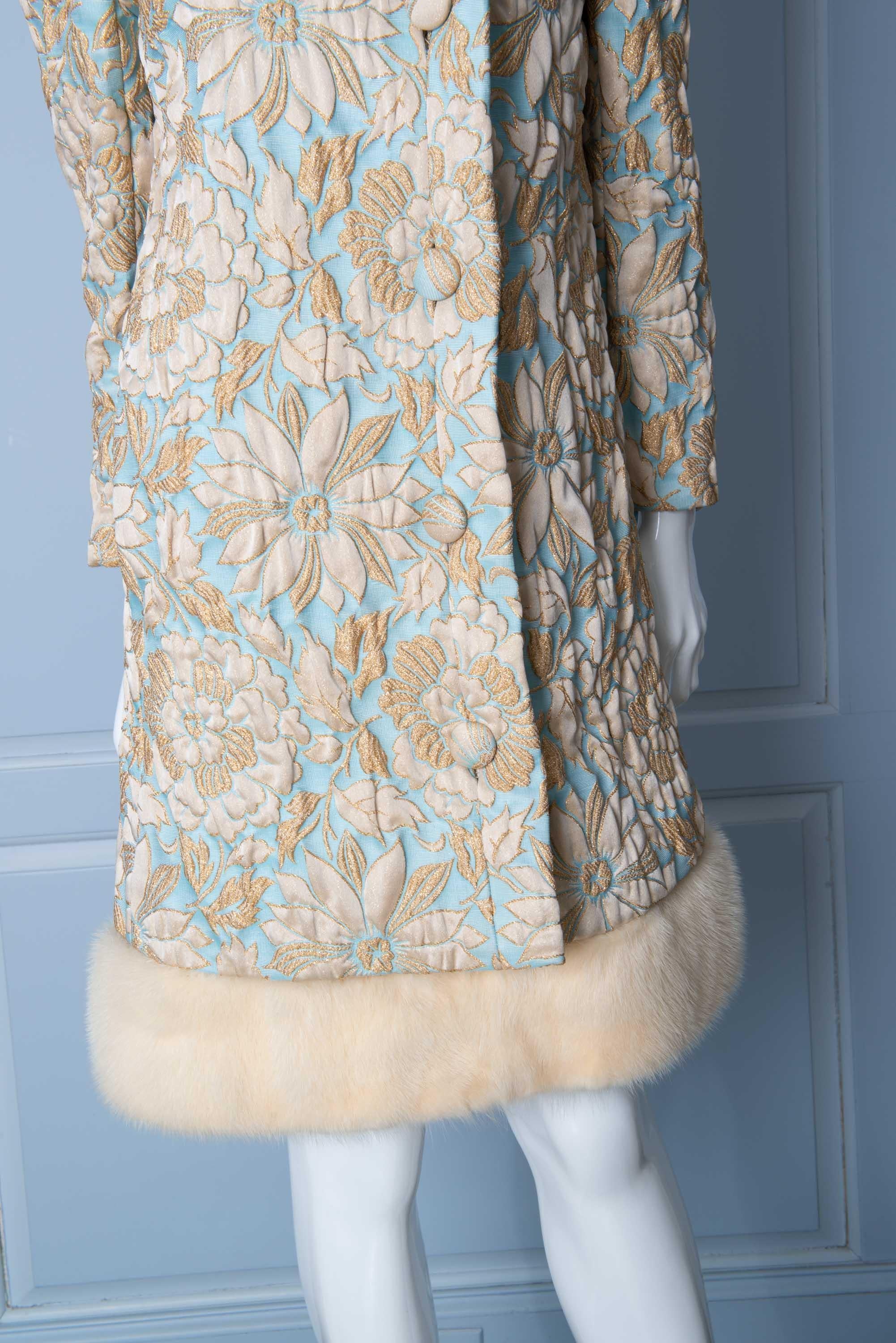 1960s Vintage Pale Blue and Gold Brocade, Mink Trimmed Coat and Dress 7
