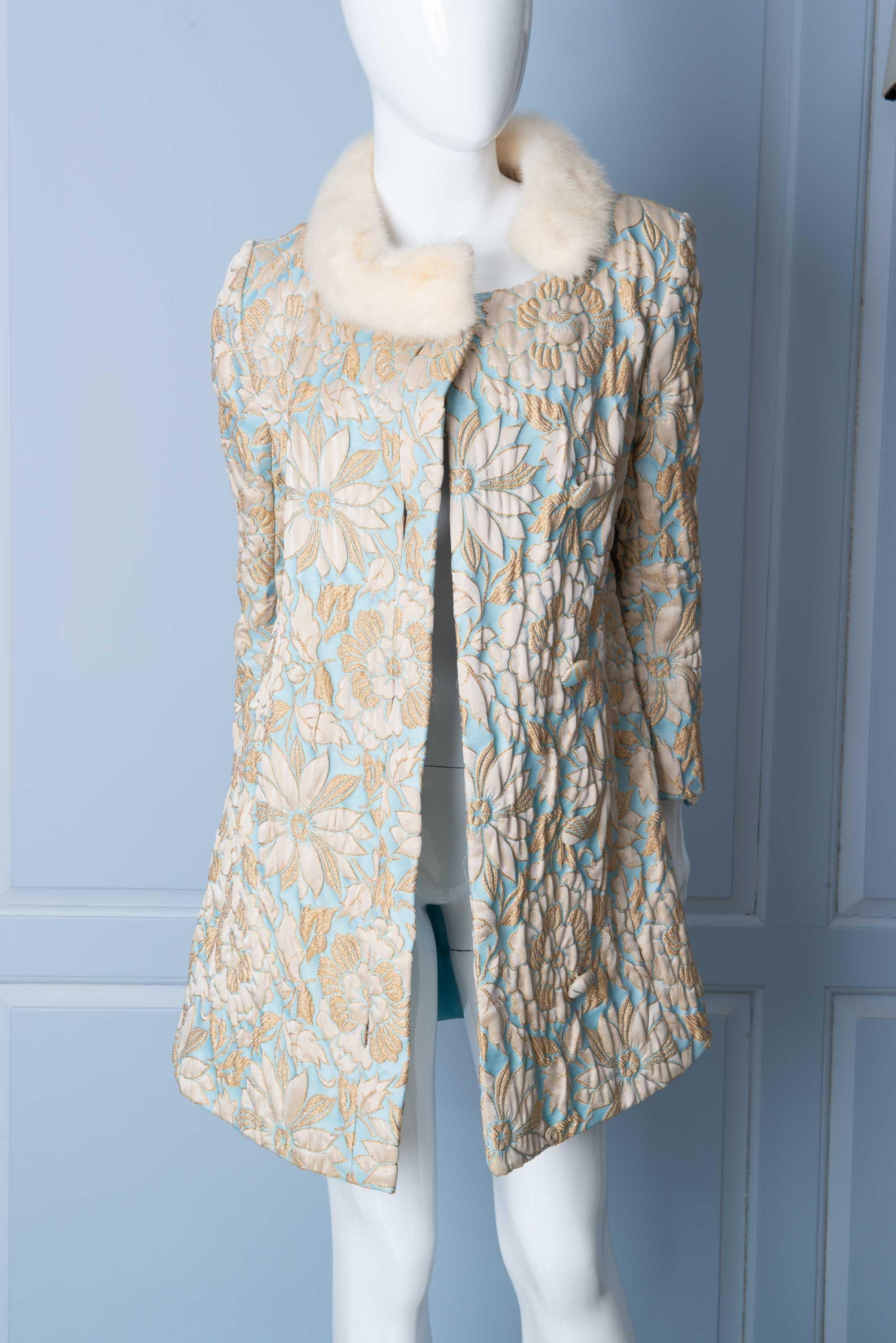 1960s Vintage Pale Blue and Gold Brocade, Mink Trimmed Coat and Dress 10