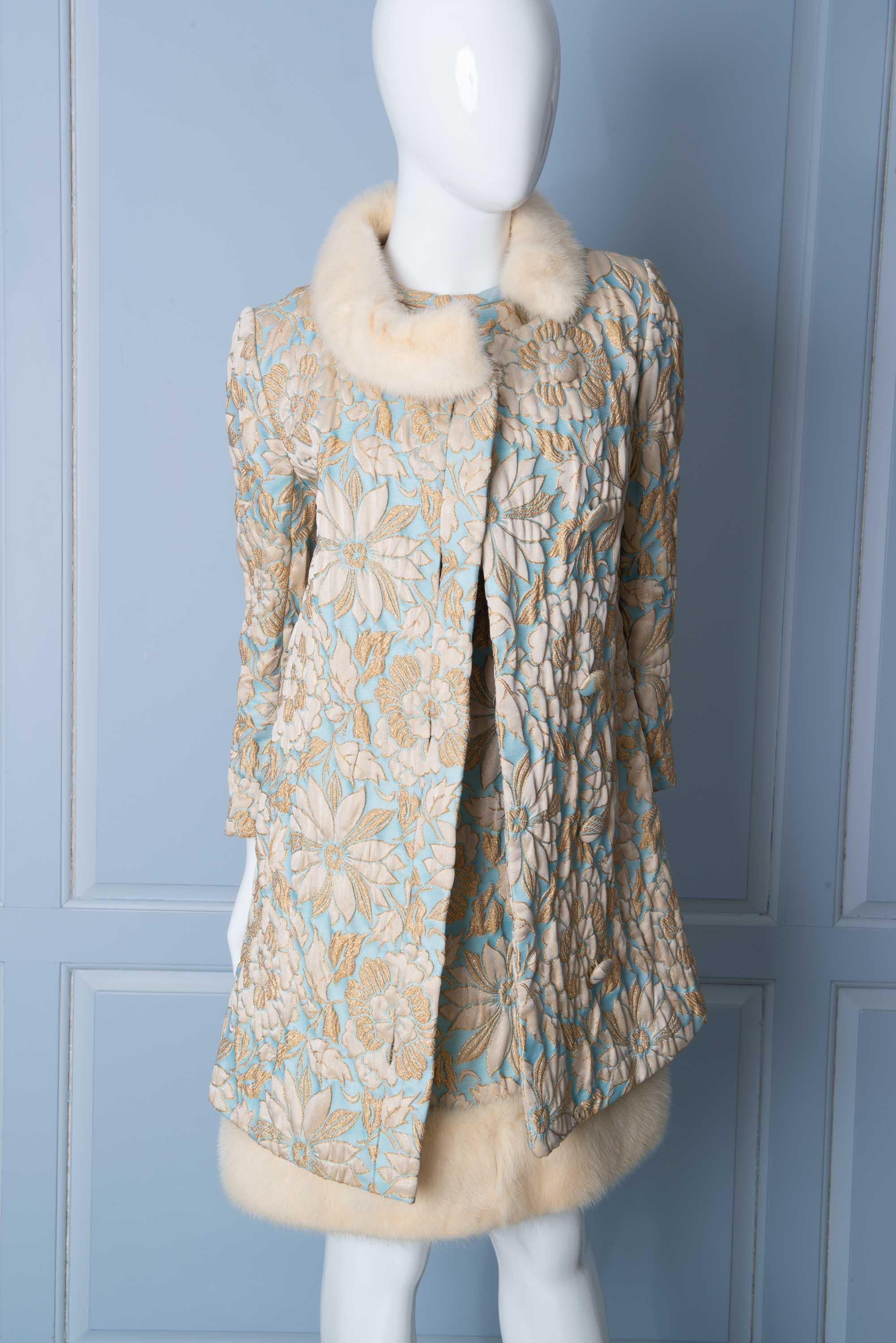 1960s Vintage Pale Blue and Gold Brocade, Mink Trimmed Coat and Dress 4