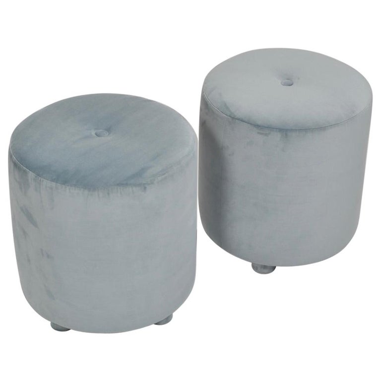 Vintage Pale Blue Velvet Button Ottomans For Sale at 1stDibs