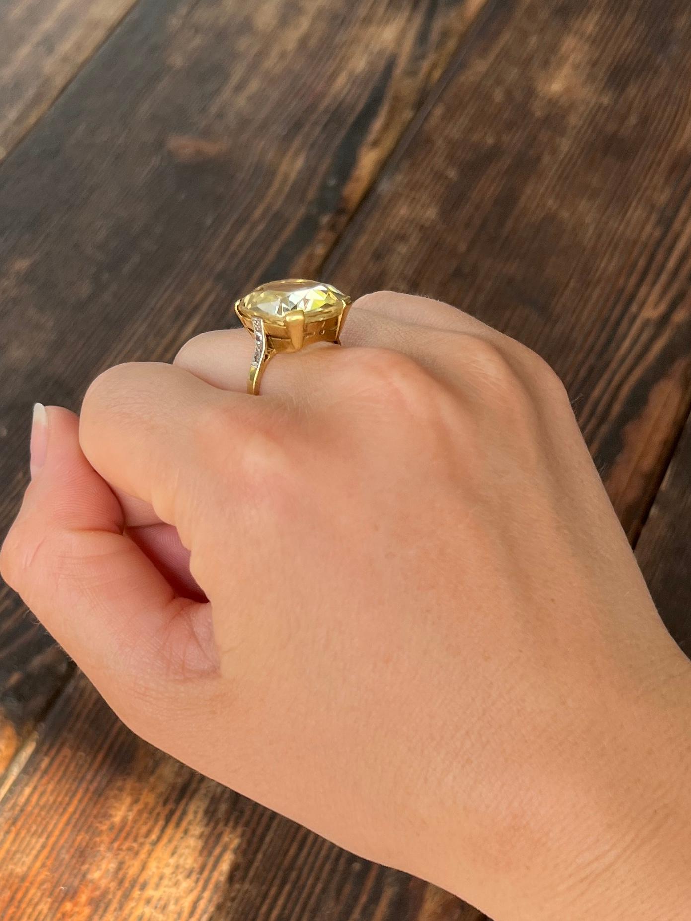 The gorgeous pale citrine stone is a lovely yellow colour set in simple claws. The gallery is also simple in design and all modelled in 9carat gold. The shoulders are set with two diamond points each side. 

Ring Size: M or 6 1/4 
Stone Dimensions: