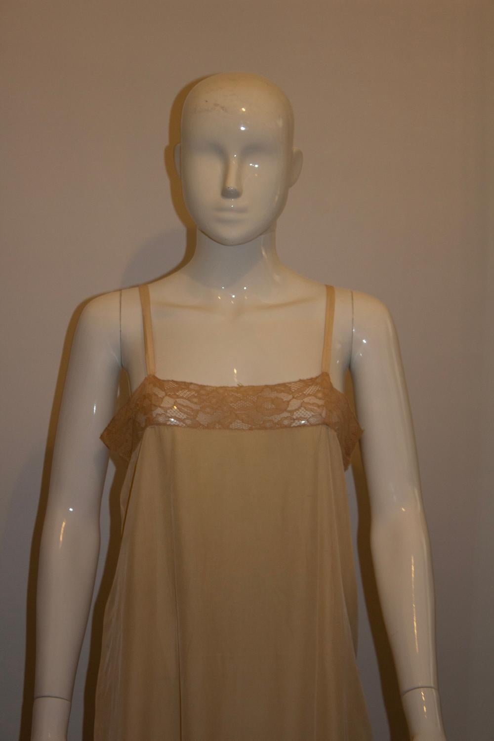 Vintage Pale Coffee Colour Silk Slip with Beautiful Lace detail In Good Condition For Sale In London, GB