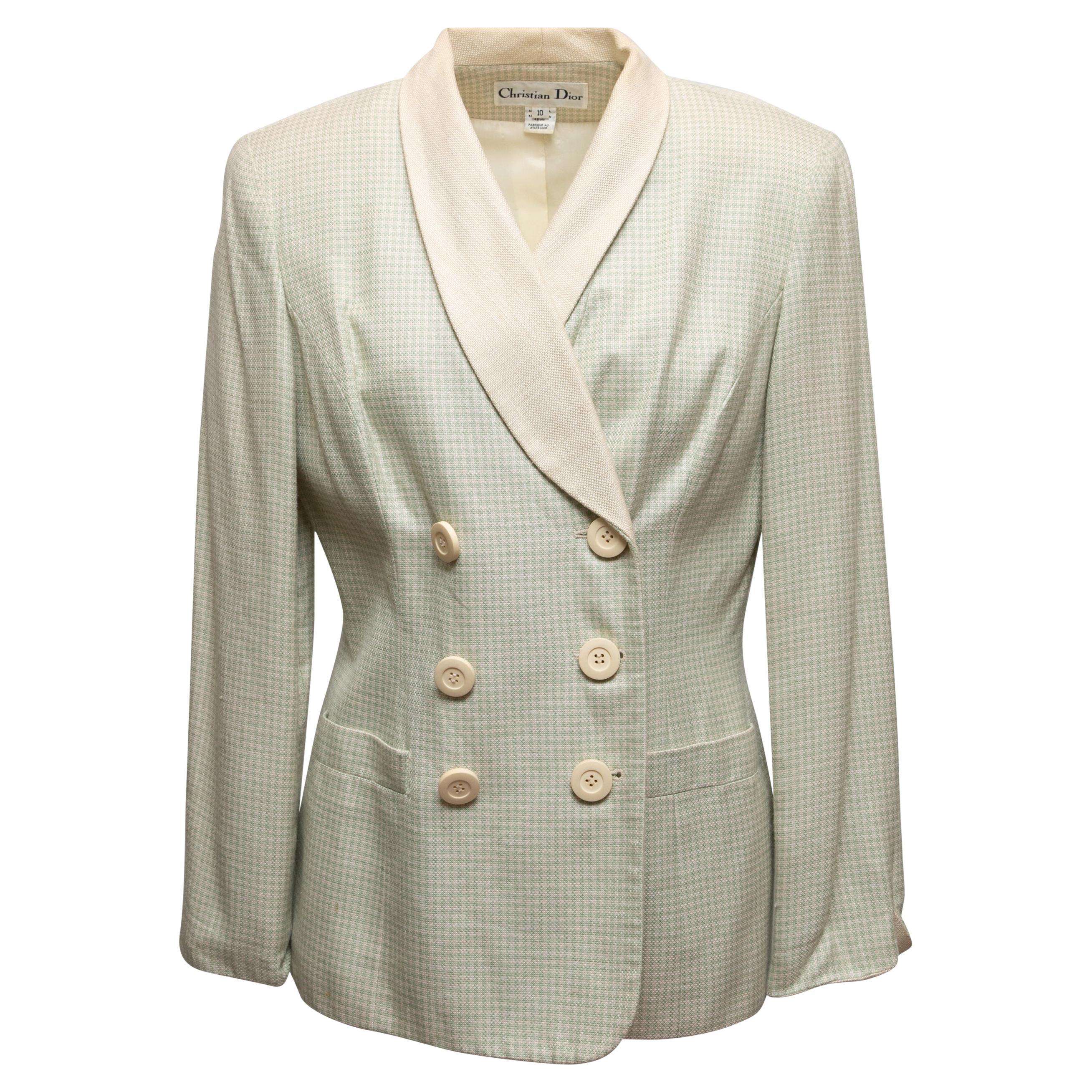 Vintage Pale Green & Cream Christian Dior Gingham Double-Breasted Blazer Size 10